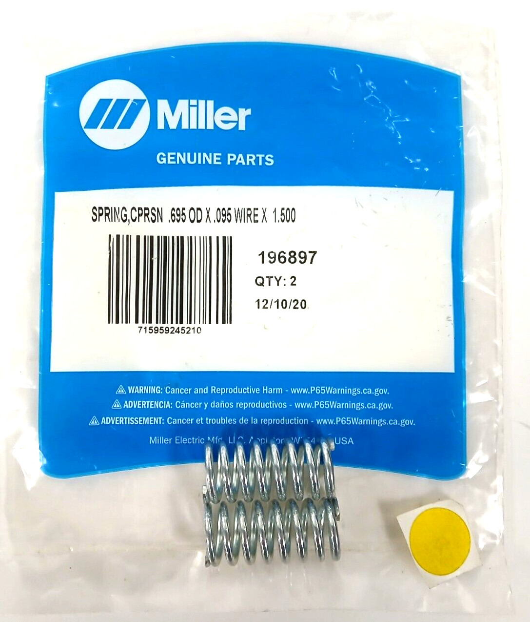 MILLER GENUINE PARTS LOT OF 2 SPRING CPRSN .695 OD X 0.95 WIRE X 1.500 196897