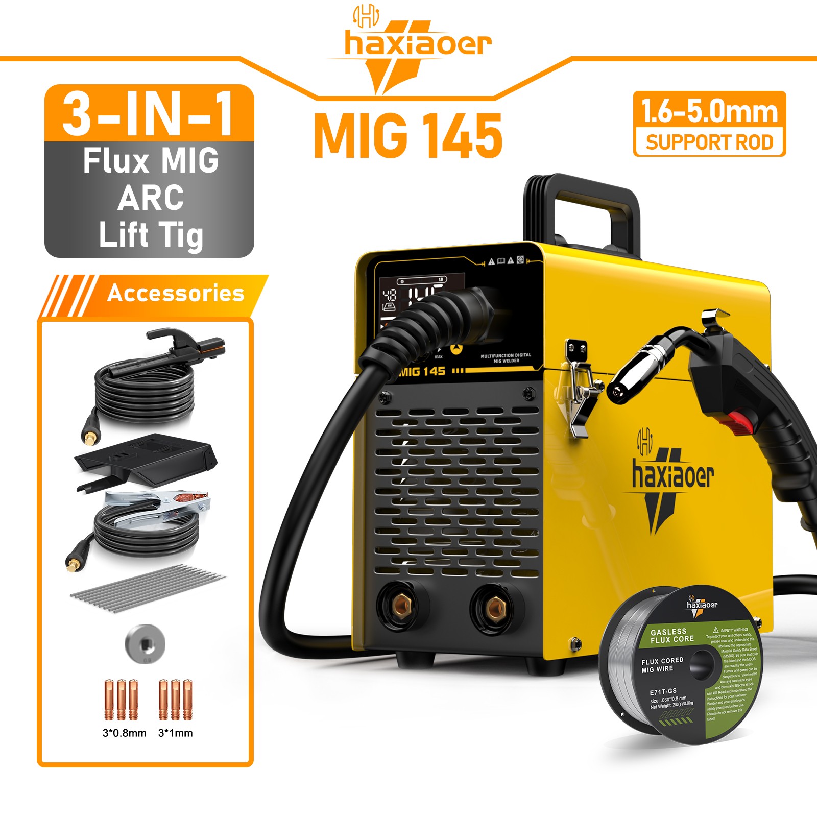 haxiaoer MIG Welder 145A 110V, 3 In 1 Flux Core/Lift TIG/Stick Welding Machine
