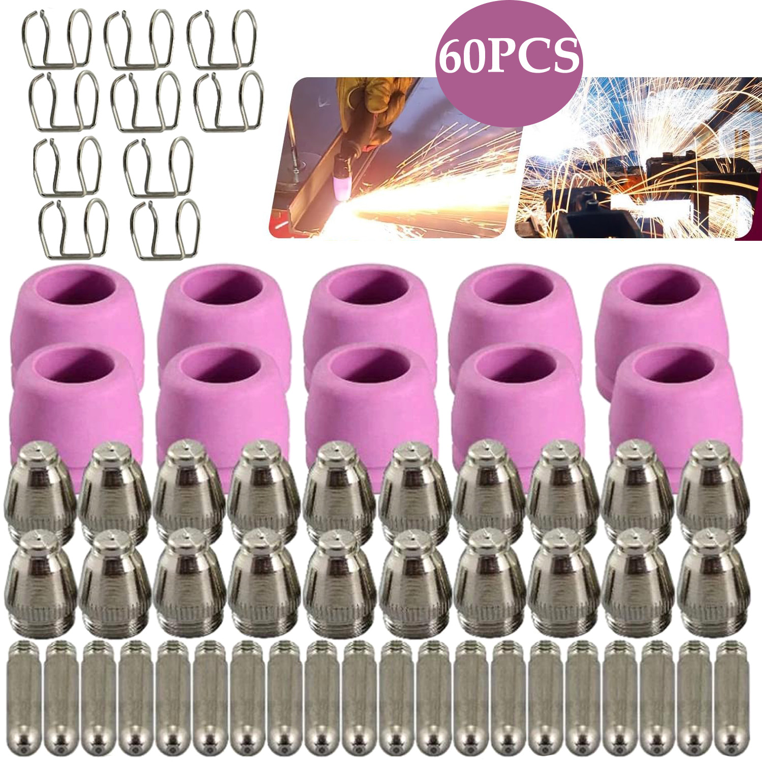 60 pcs Plasma Cutter Tips & Nozzles Kit for SG-55, AG-60, WSD-60, CUT50 60Amp