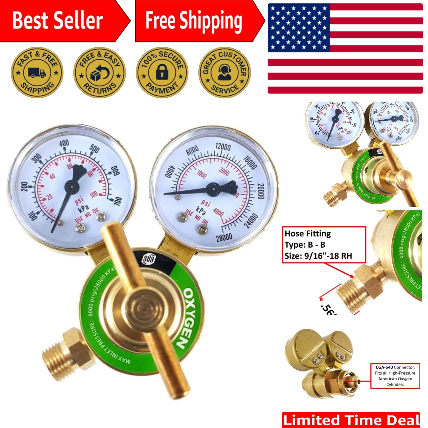 Lightweight Oxygen Regulator with 0-100 PSI Gauge – Fits Oxygen Tanks CGA-540