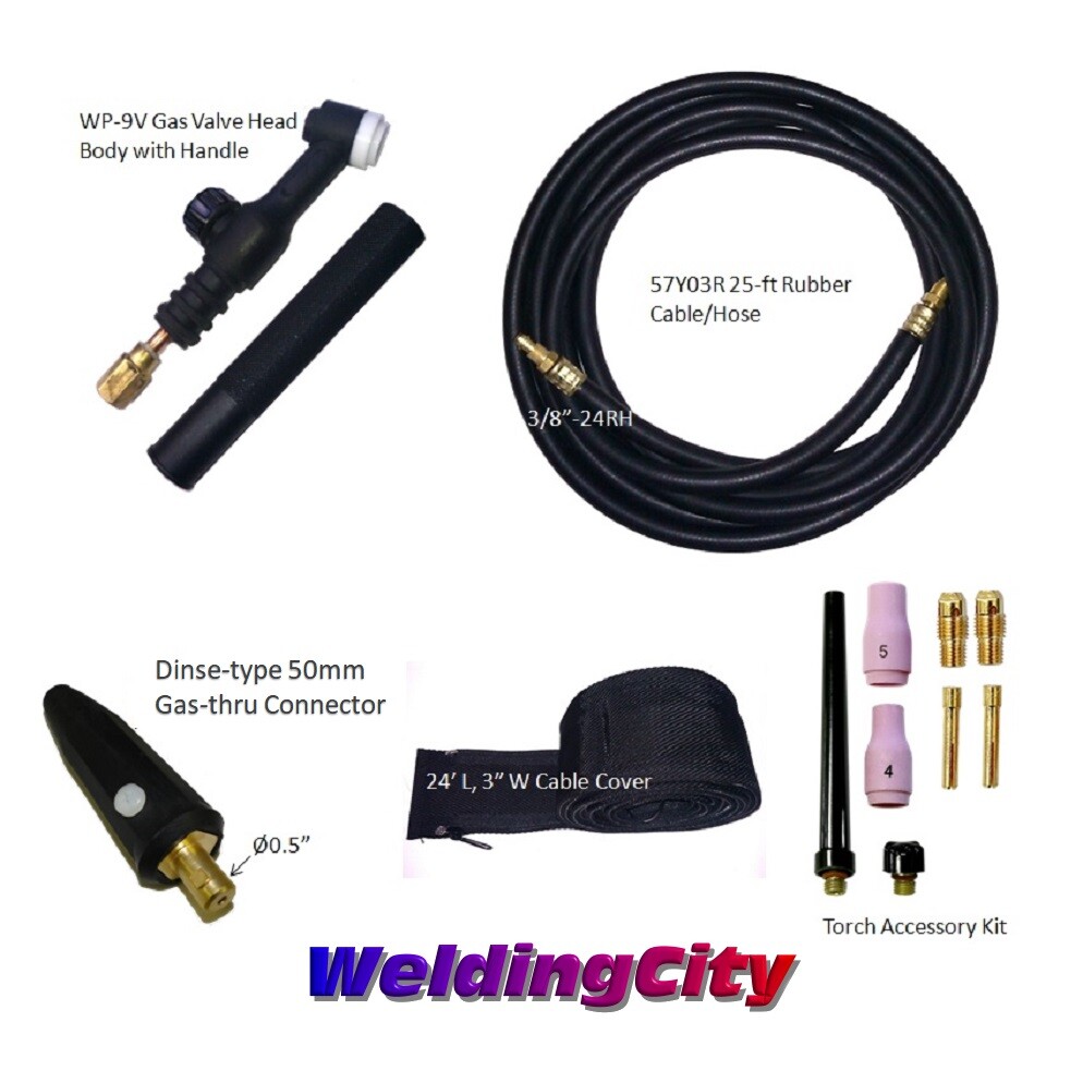 WeldingCity® Gas-thru Dinse-rear TIG Welding Torch WP-9V Valve-head 125A 25-ft