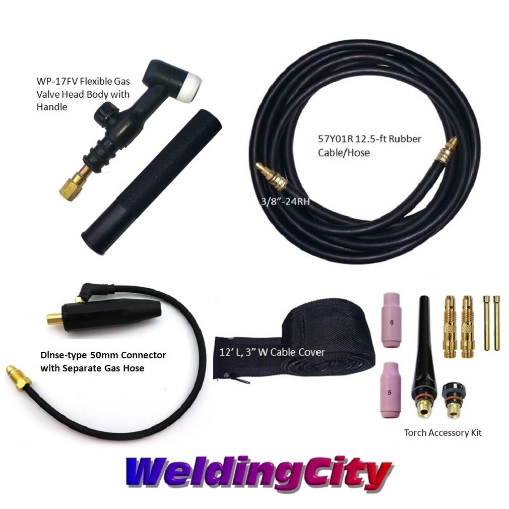 WeldingCity® Dinse-rear TIG Welding Torch 17FV Flex-Valve 150A 12.5-ft Air-Cool