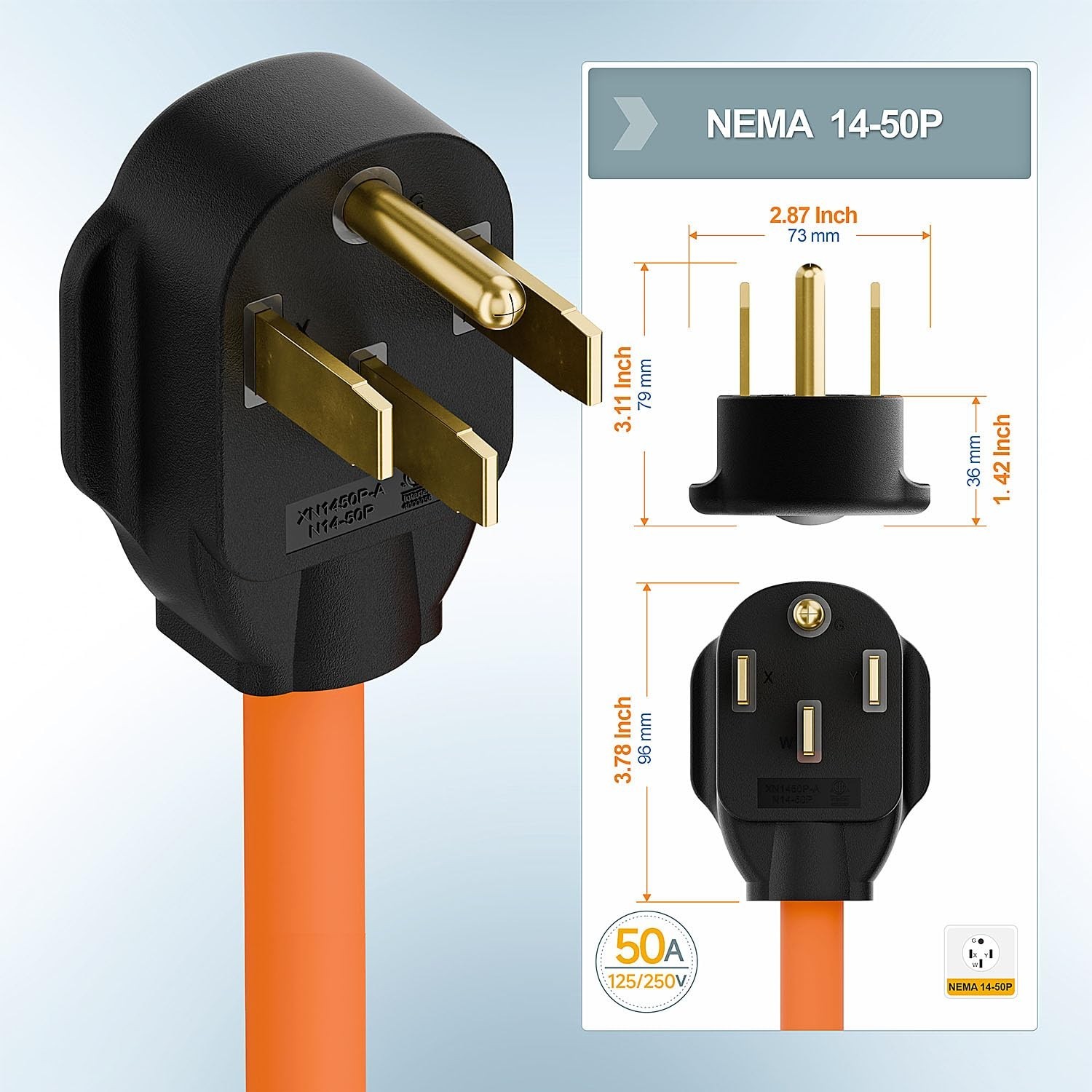 Heavy Duty 10/3 1FT NEMA 14-50P to 6-20R/6-15R T-Blade Adapter, 250V 50A EV Char