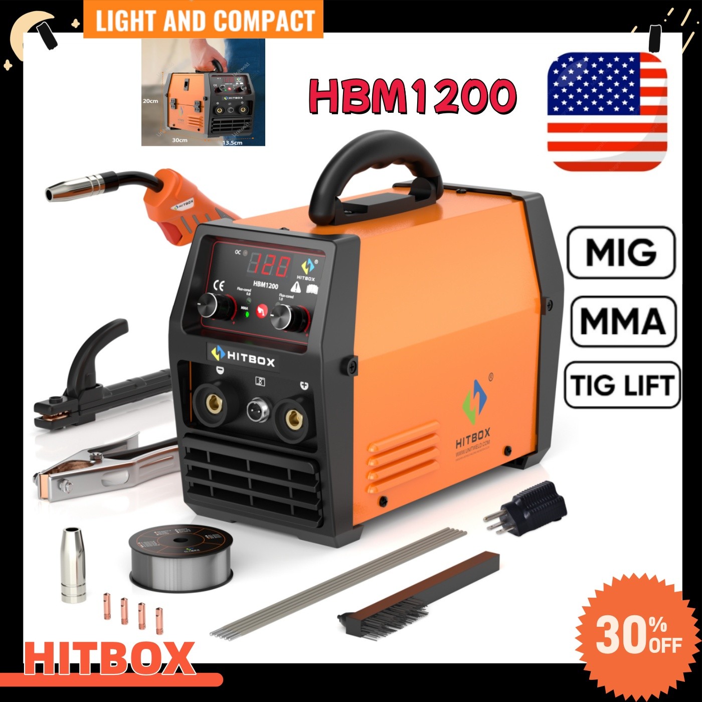 HITBOX 3 IN 1 MIG Welder Gasless Stick Lift TIG MIG Welding Machine 110V&220V