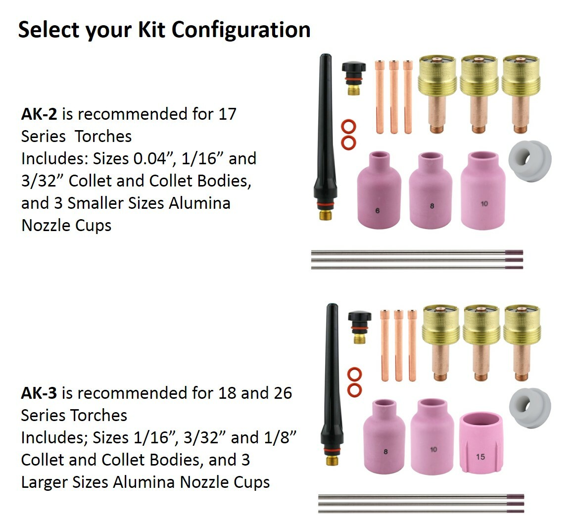 Consumable Kits for 17-18-26 Series TIG Torches – Large Diameter Gas Lens Set-Up
