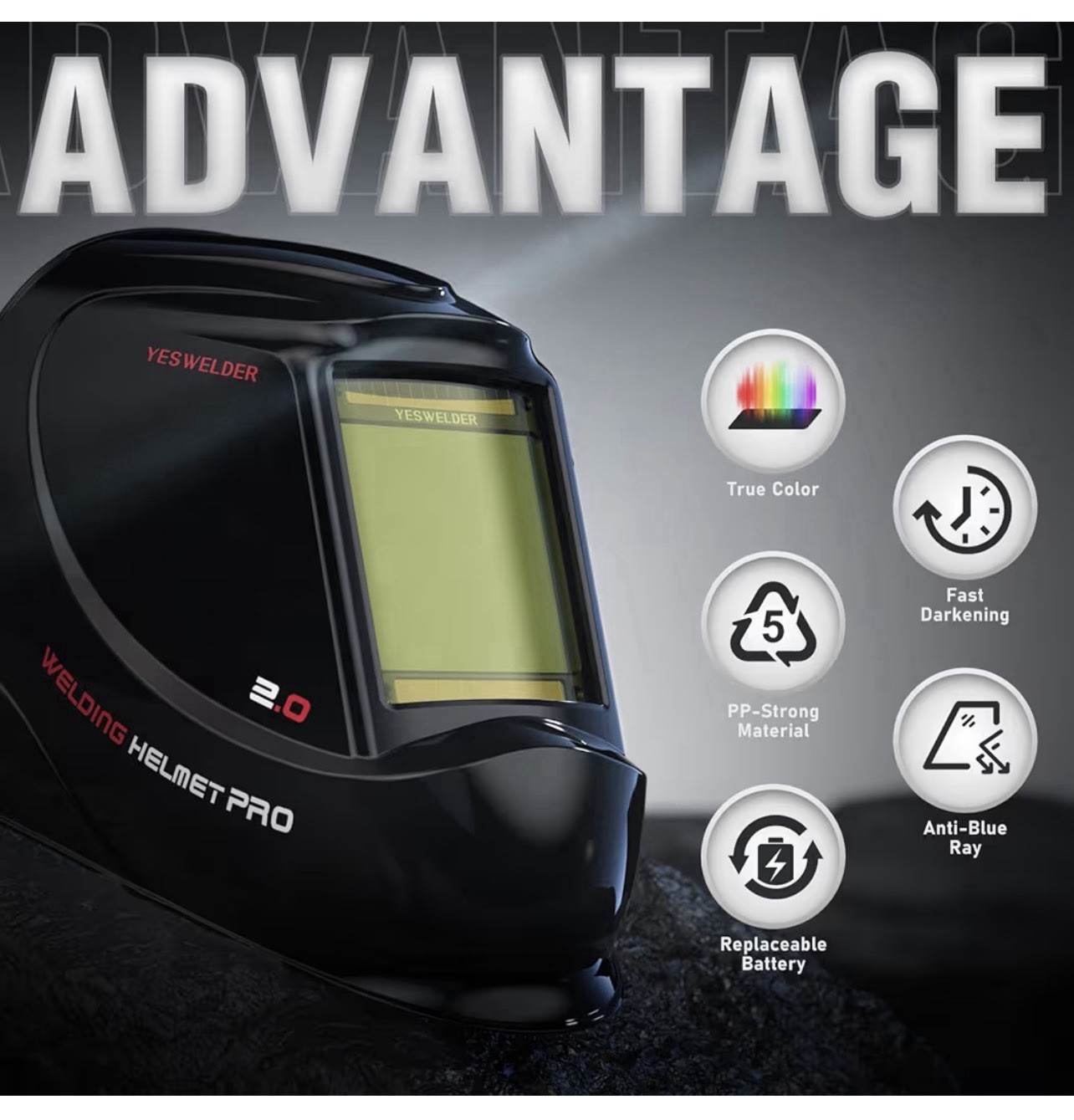 Large View Auto Darkening Welding Helmet, Blue Light Blocking, 1/1/1/1 True Colo