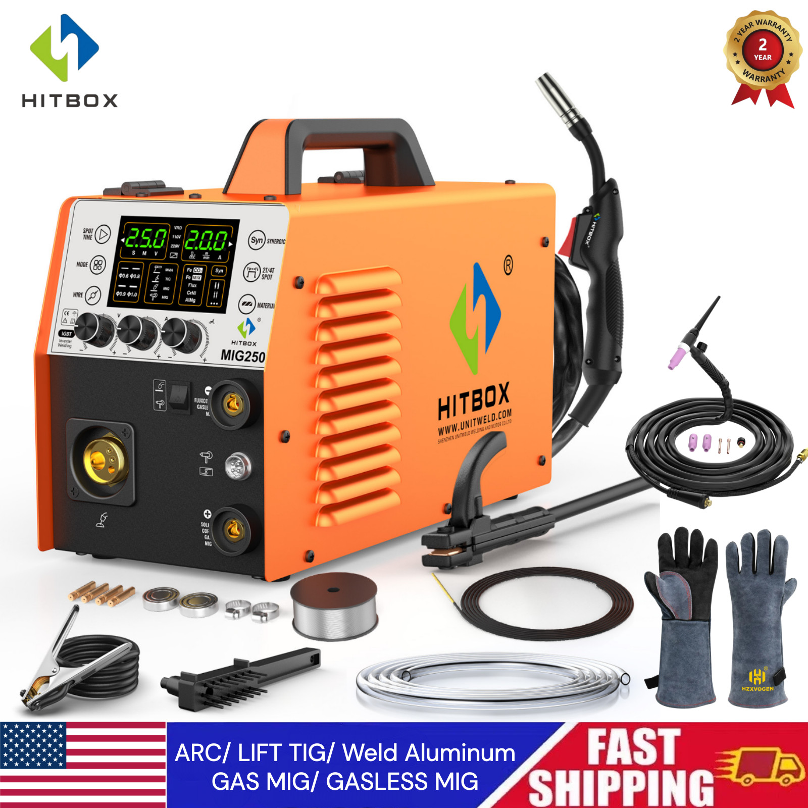 6IN1 Aluminum MIG Welder Gas MIG/Flux Core/MMA/TIG/Spool Gun&TIG Torch&Gloves US