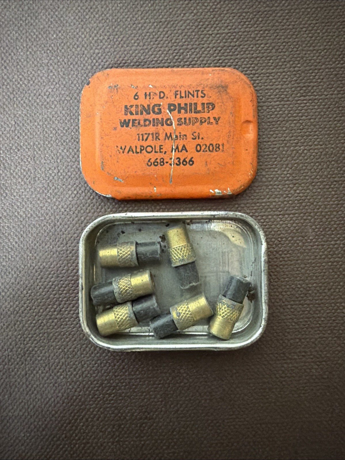 Vintage King Philip Welding Supply Tin w/ 6 HD Flints for Gas Torch Gas Lighter