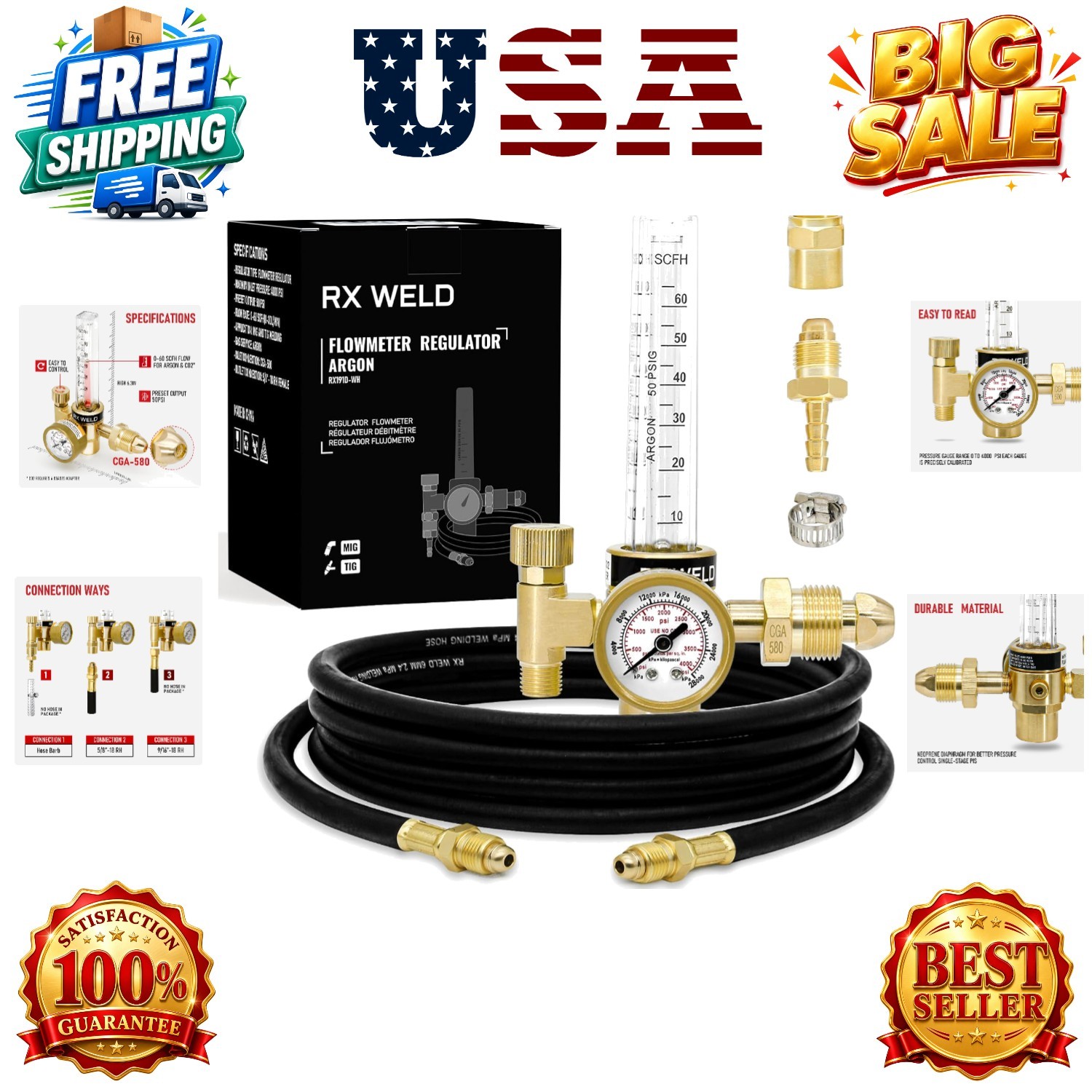 Argon Regulator for MIG TIG Weld, , 6.6FT Hose | Dual 9/16″ & 5/8″ Outlets + …