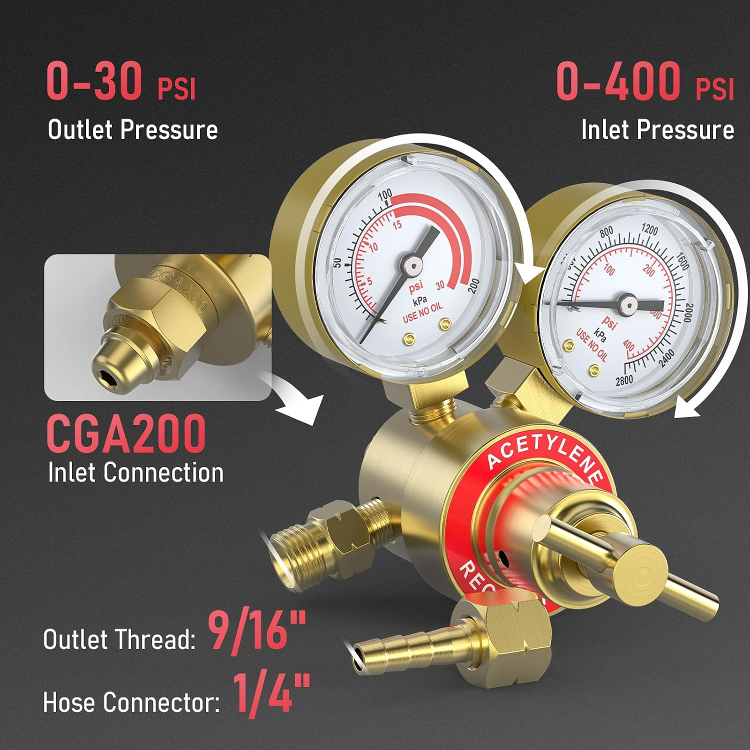 Acetylene and Oxygen Regulator, CGA540 and CGA200 | Included Hose, Gas Source Co