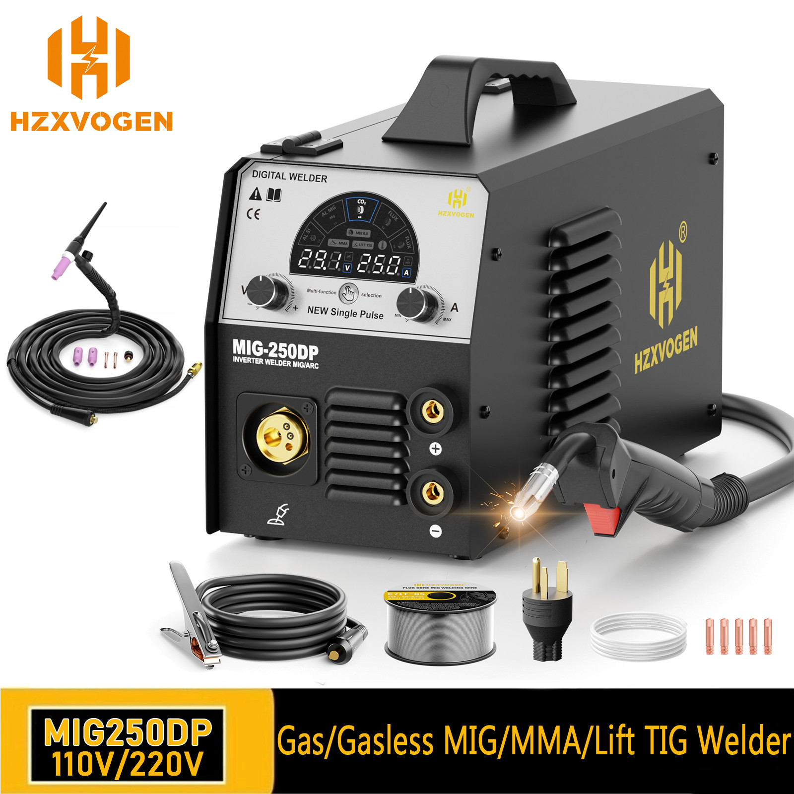 250A 5in1 PULSE MIG Welder Stick//Gasless MIG/Gas MIG/Lift TIG Welder,110V/220V