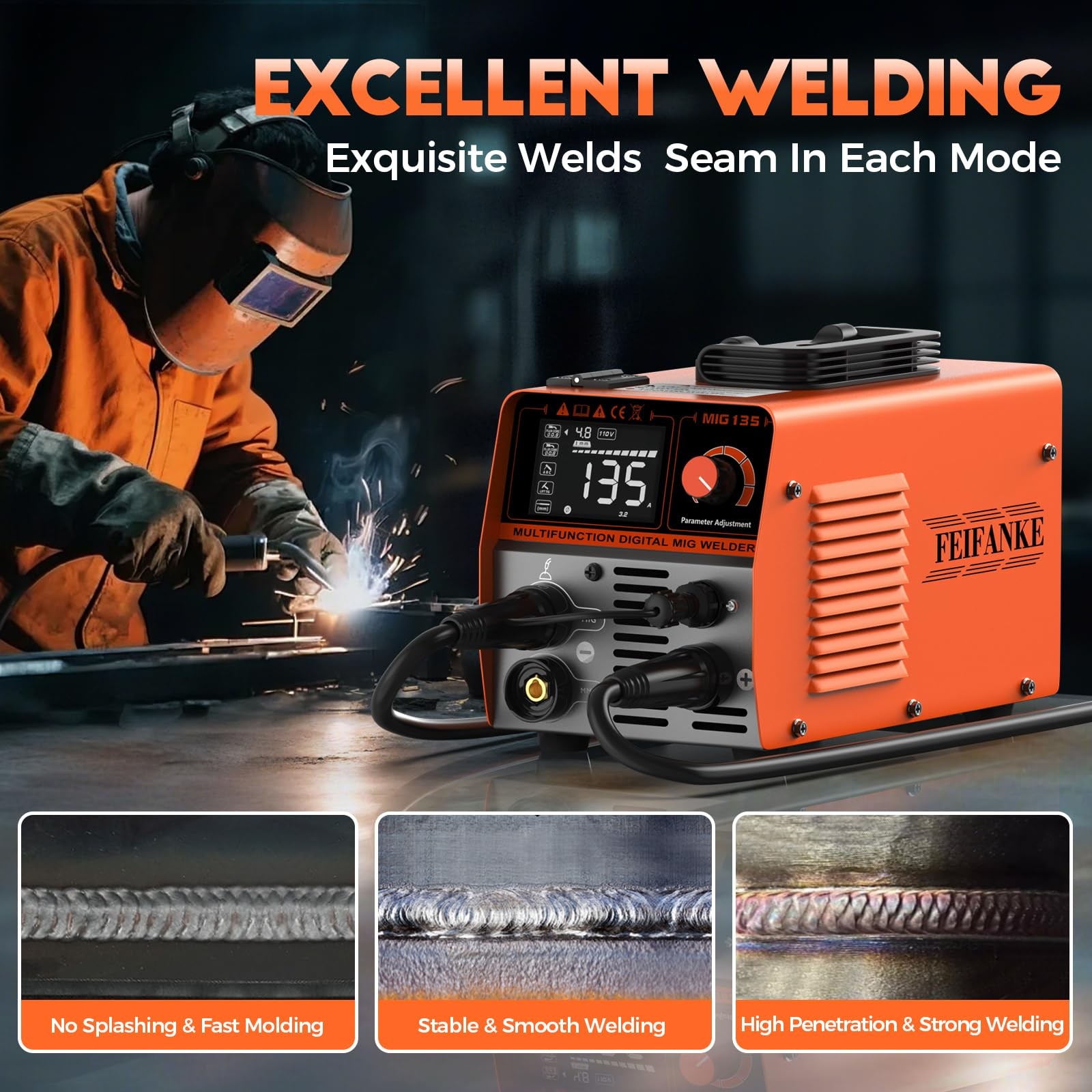 135A MIG Welder, Potable Stick/Lift TIG/Flux Core MIG 3 In 1 Multiprocess Flux