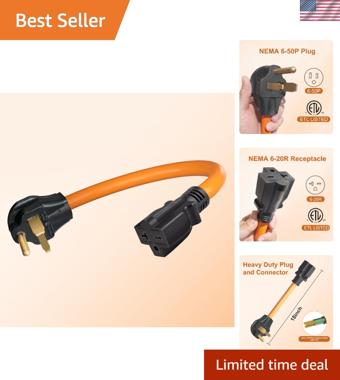 Durable 1.5FT NEMA 6-50 to 6-20 Welder & EV Charging Adapter, Winterproof