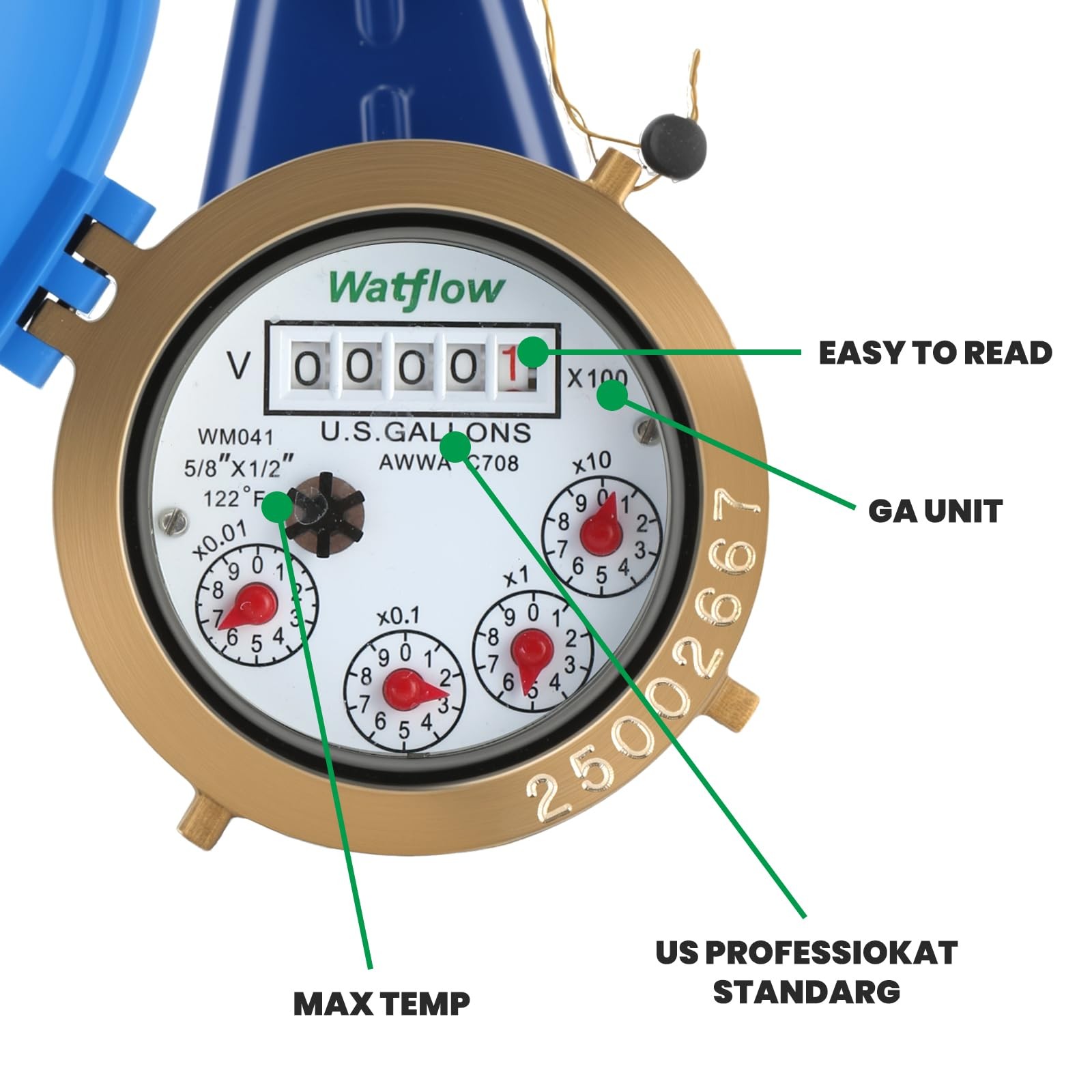 DN15 Vertical Water Meter 1/2 Inch NPT Couplings Heavy Brass Cold Gallon