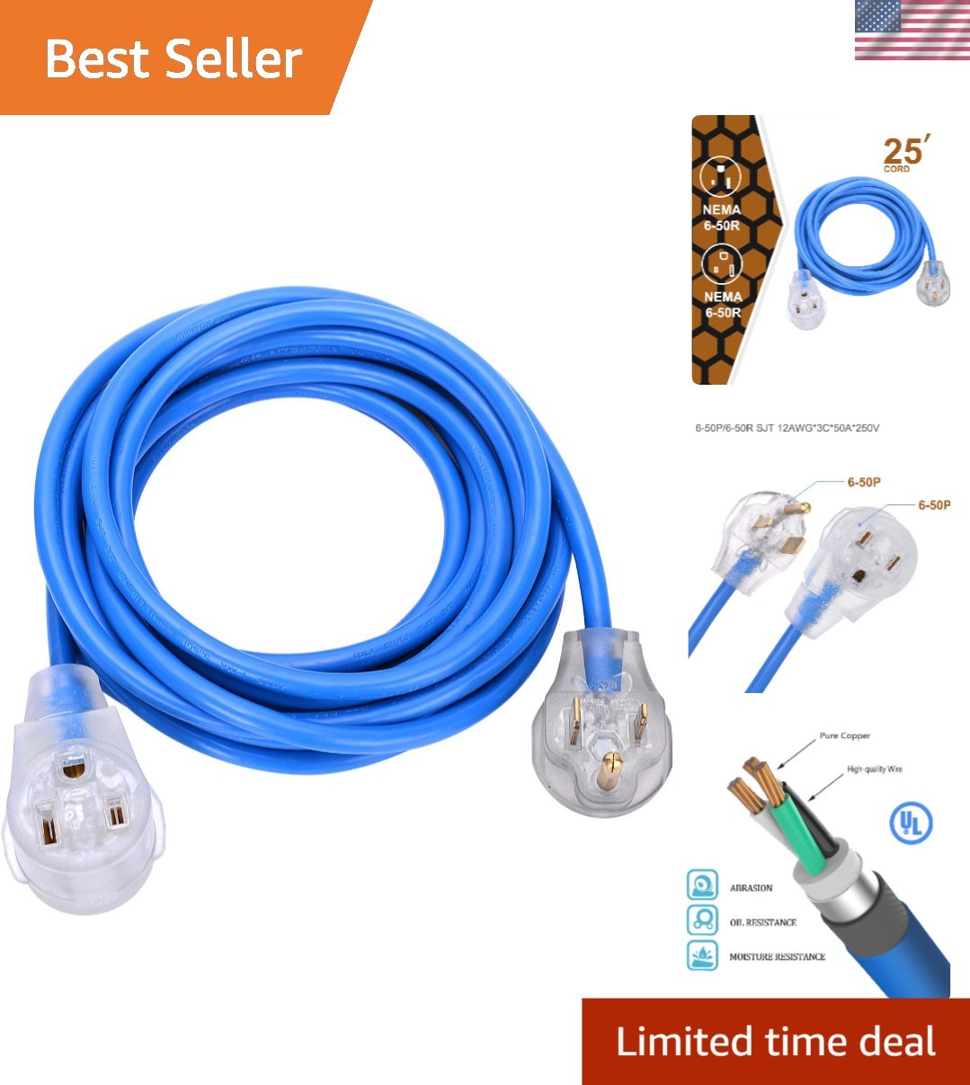 Heavy Duty 25′ Welding Extension Cord – 40 Amps, Right Angle Plug, Certified