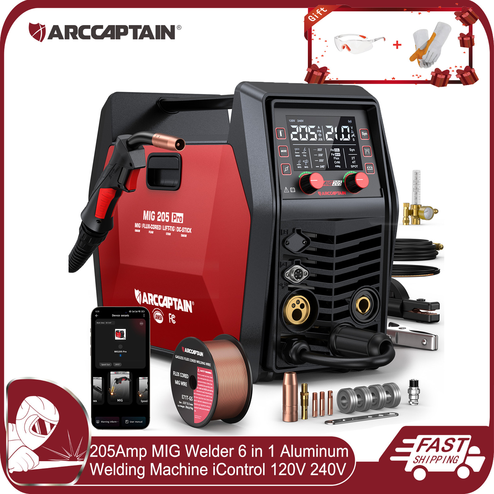 ARCCAPTAIN iControl MIG205 Pro MIG Welder 205A 6in1 Gas MIG/Gasless Flux MIG/MMA