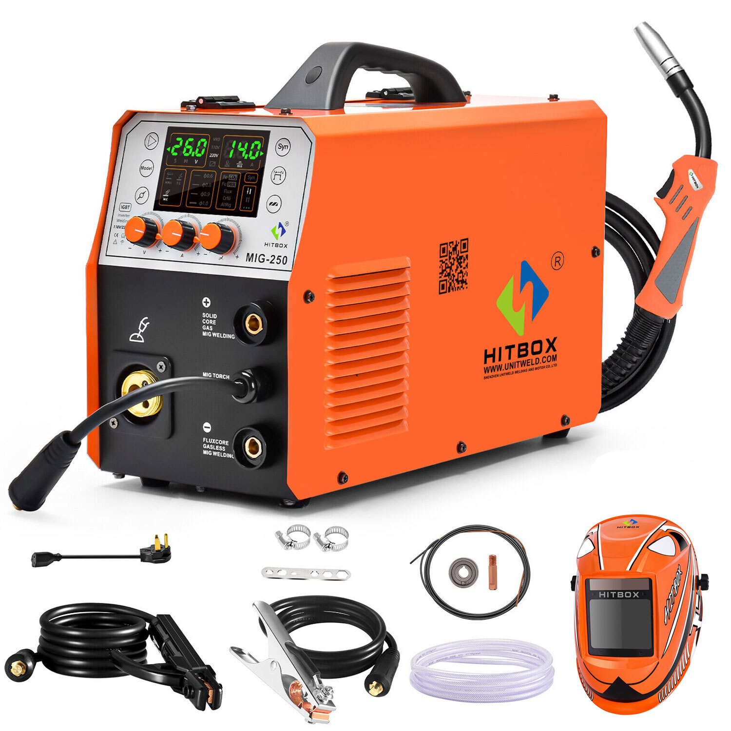 HITBOX Aluminum MIG Welder Gas/Gasless 250Amp TIG ARC Welding Machine W/Helmet