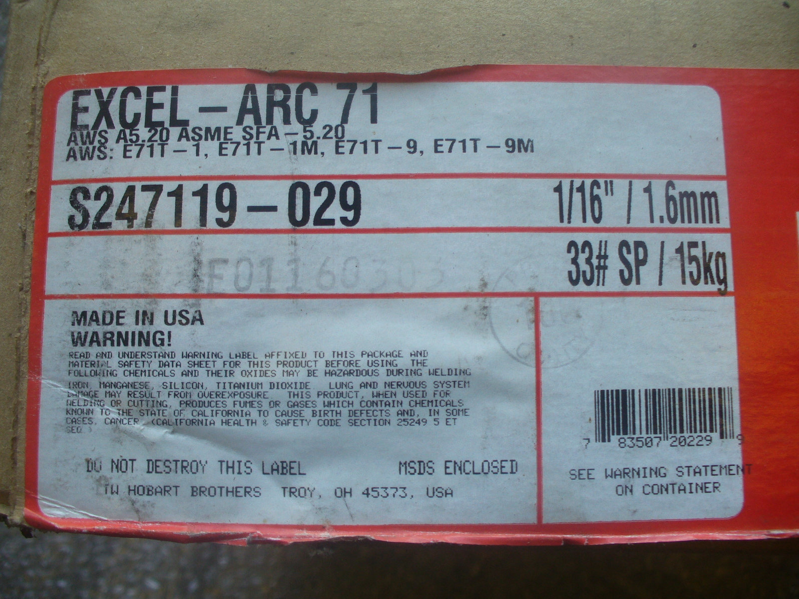 HOBART MIG WELDING WIRE Size: 1/16″ (1.6mm) x 33# (15kg)