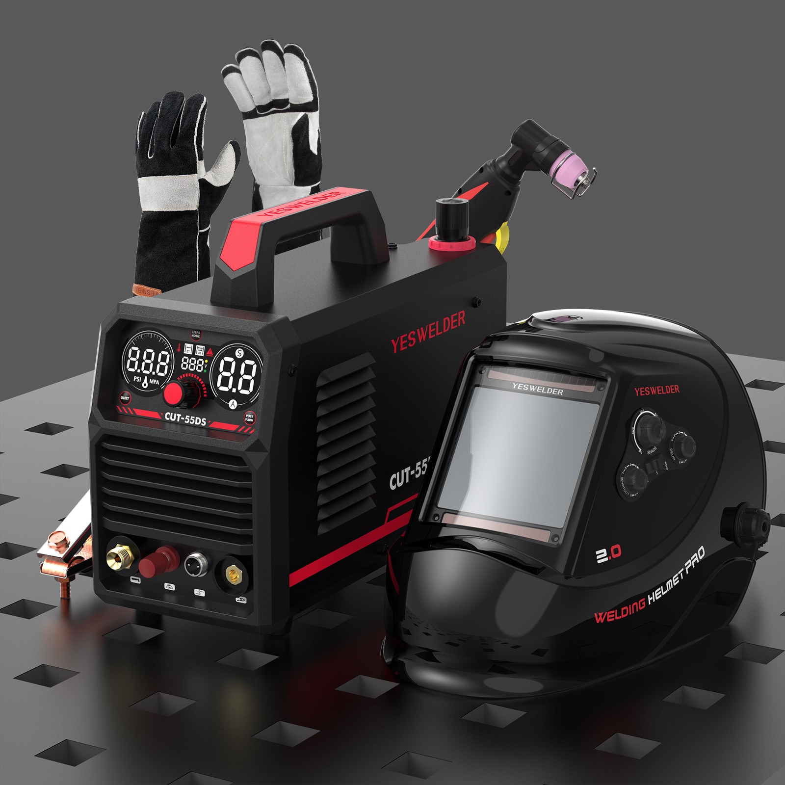 YESWELDER CUT-55DS: Helmet+Gloves+ETL, 55A Plasma Cutter 110V/220V