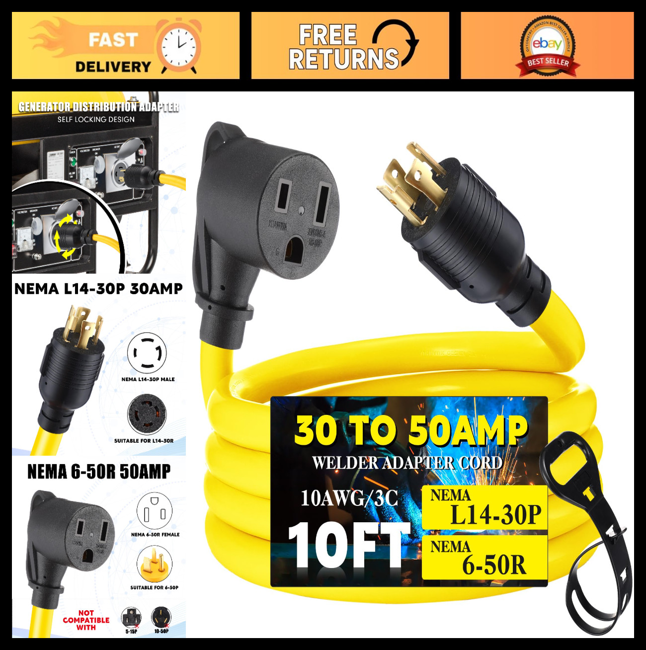 10ft 30A to 50A Adapter Cord, NEMA L14-30P to 6-50R Welder Extension Cable, ETL