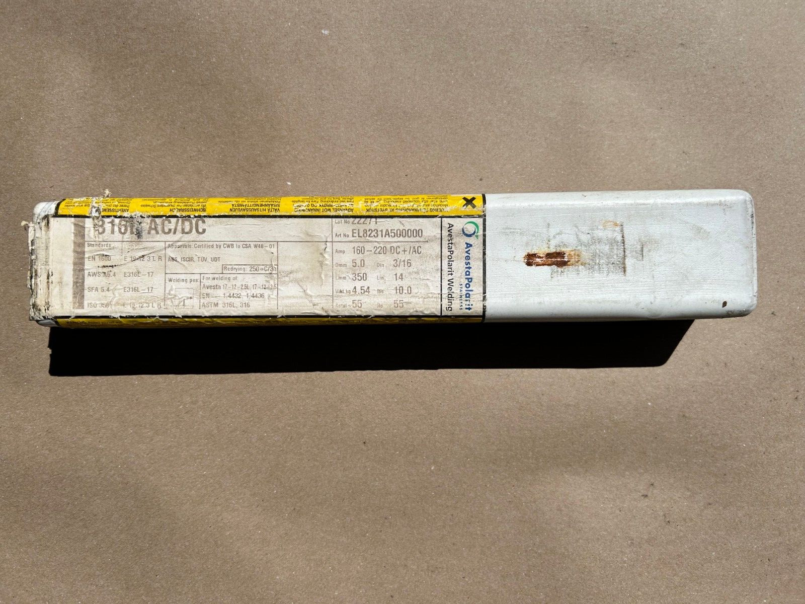 Avesta 316L-17 AC/DC E316 316 SS welding rod, 3/16″ x 14″, 10# box, new.
