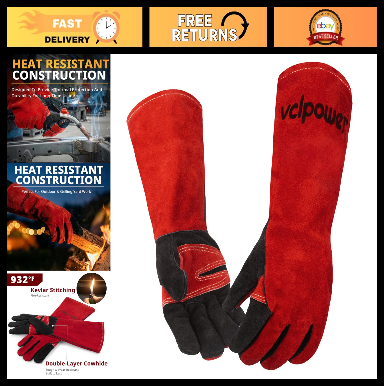 Extreme Heat Welding Gloves 16″ Fire Resistant Leather for MIG, TIG, BBQ, Furnac