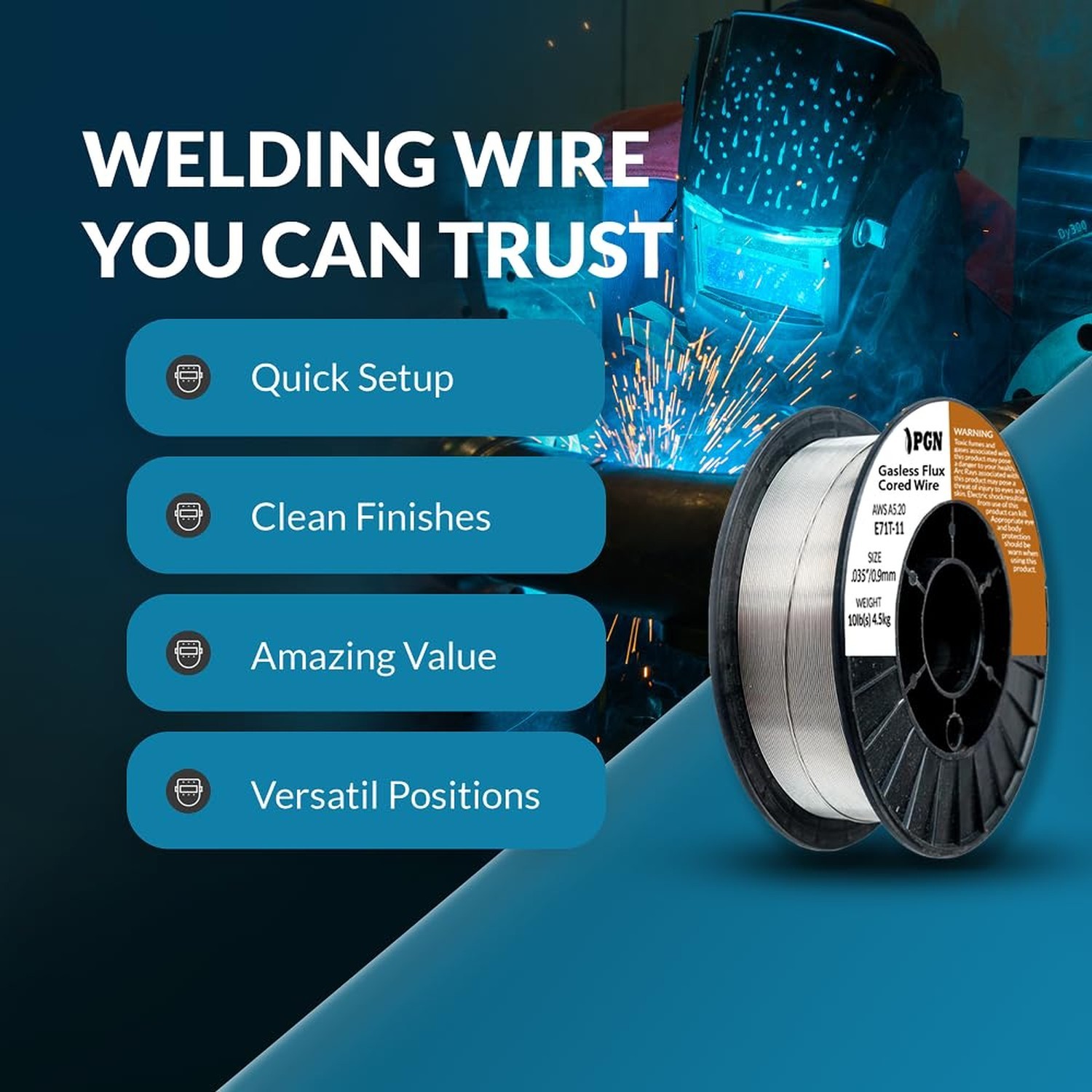 PGN Flux Core Welding Wire – E71T-11 .035 Inch, 10 Pound Spool – Gasless Mild…