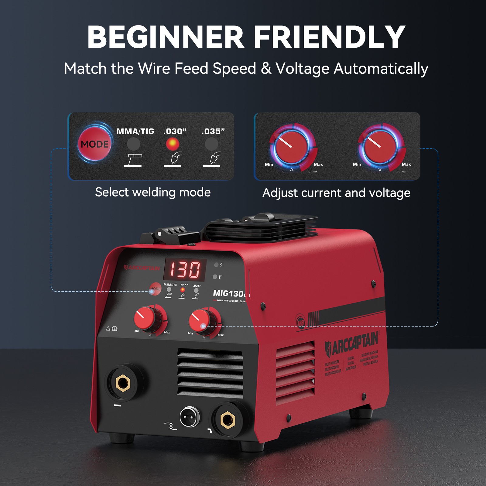 ARCCAPTAIN MIG Welder 130A 3 in 1 Flux Core MIG/Lift TIG/Stick with Synergy New