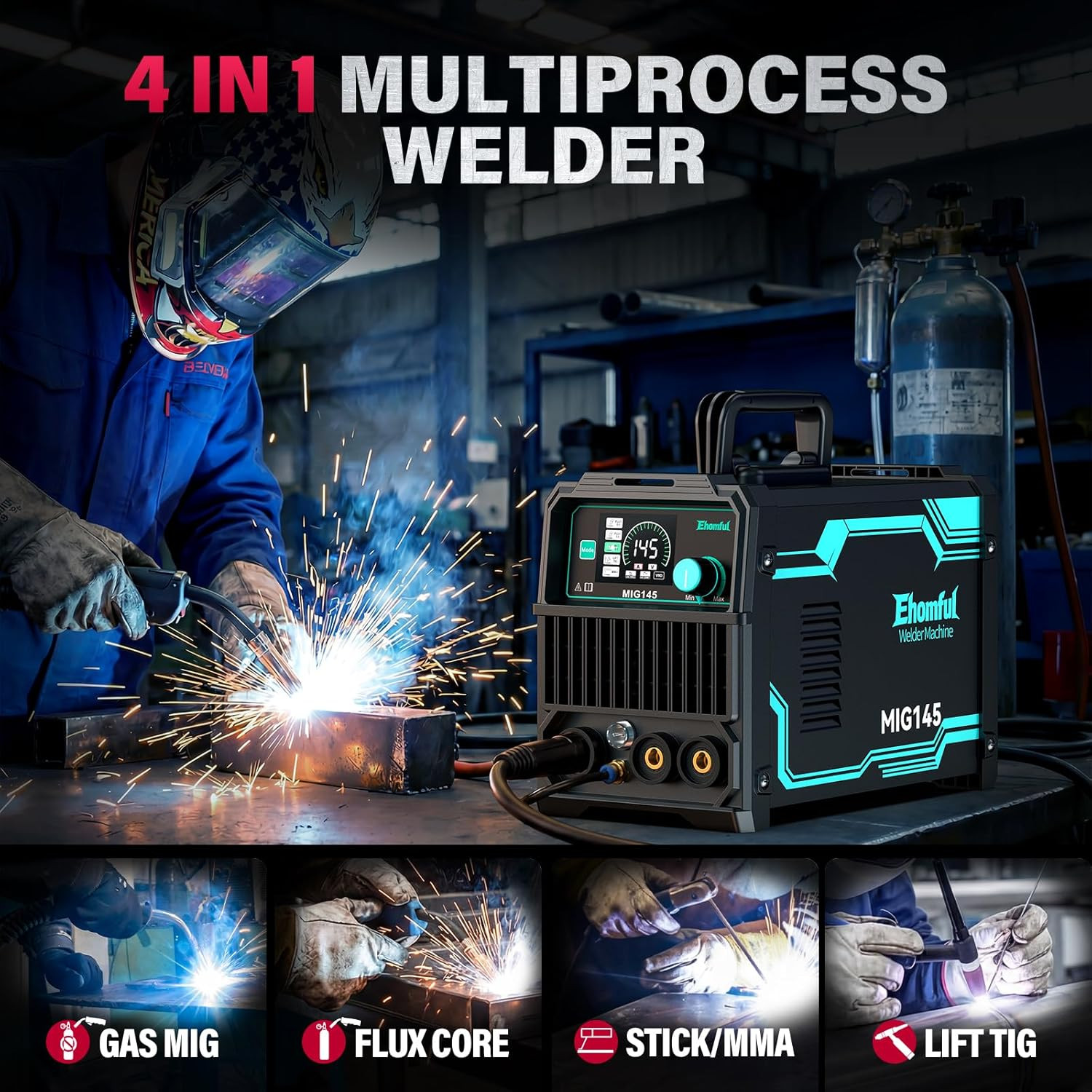 145A 4-In-1 MIG Welder,110V/220V Dual Voltage Gas Mig/Flux Core Mig/Lift Tig/Sti