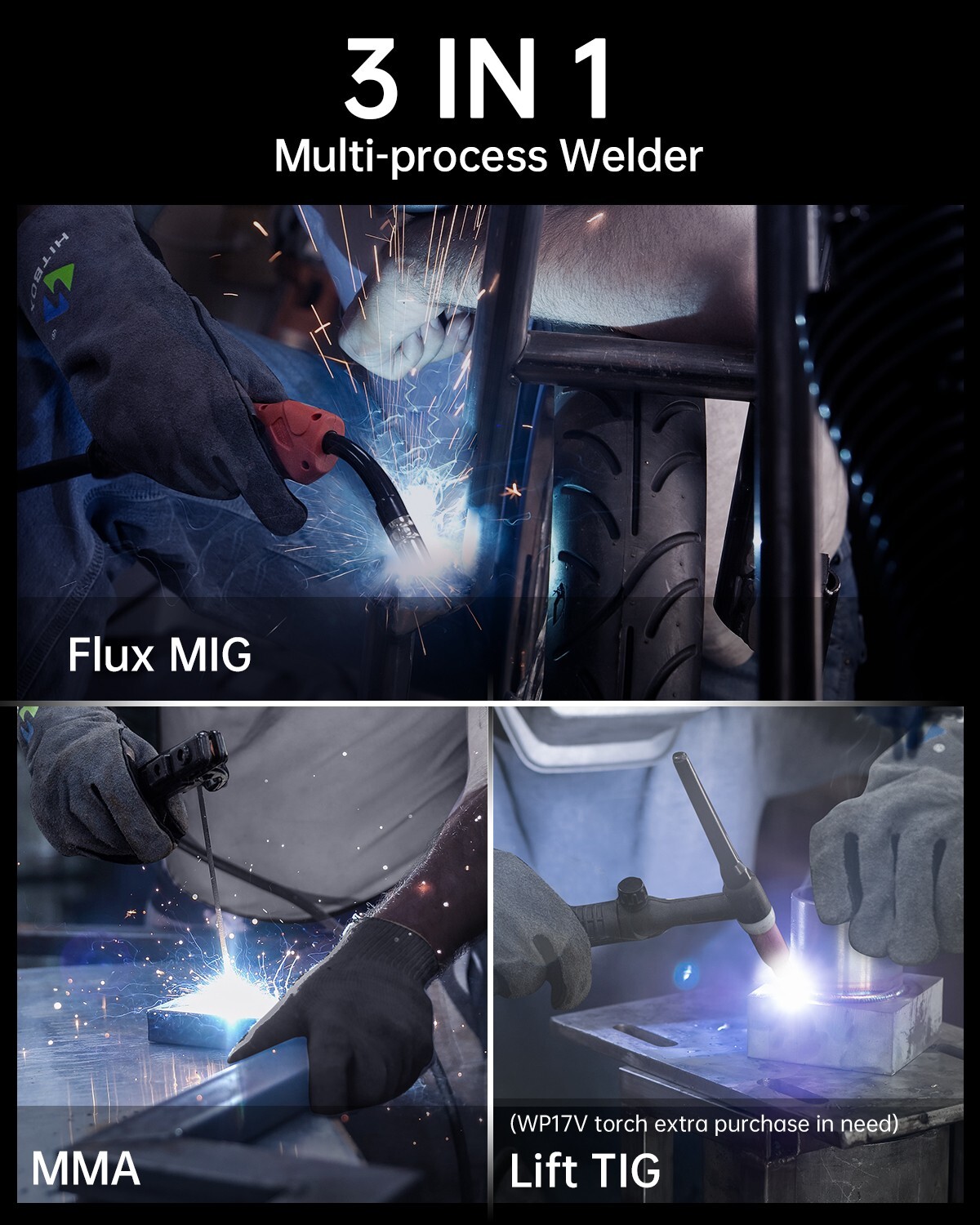 HITBOX HBM1200 3 in1 MIG Welder 220V Stick Lift TIG MIG Gasless Welding Machine
