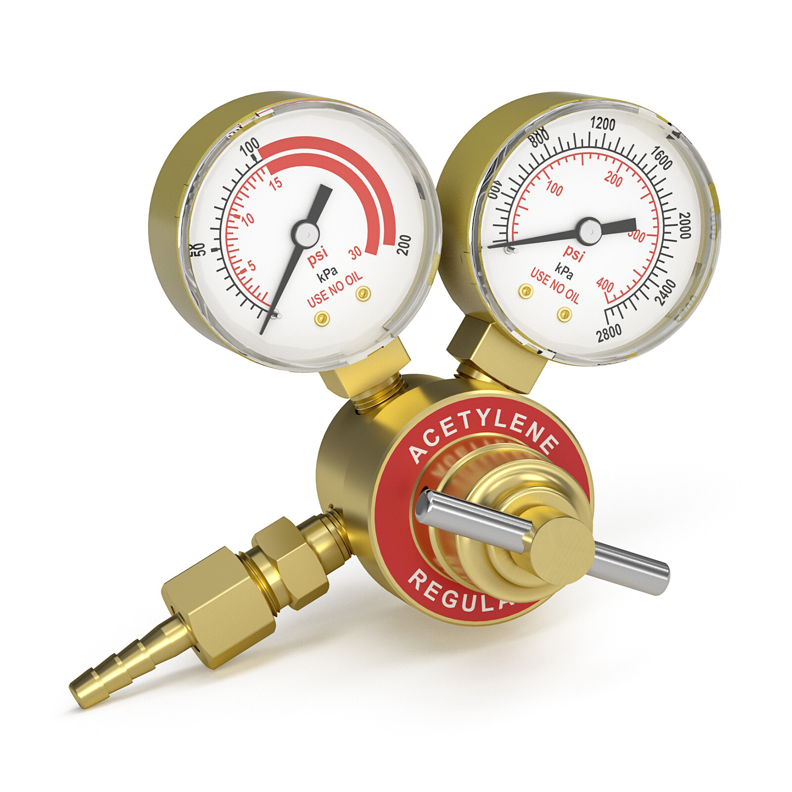 Acetylene Regulator, CGA200 Inlet Connection, 0-400PSI and 0-30PSI, Gas Gauges
