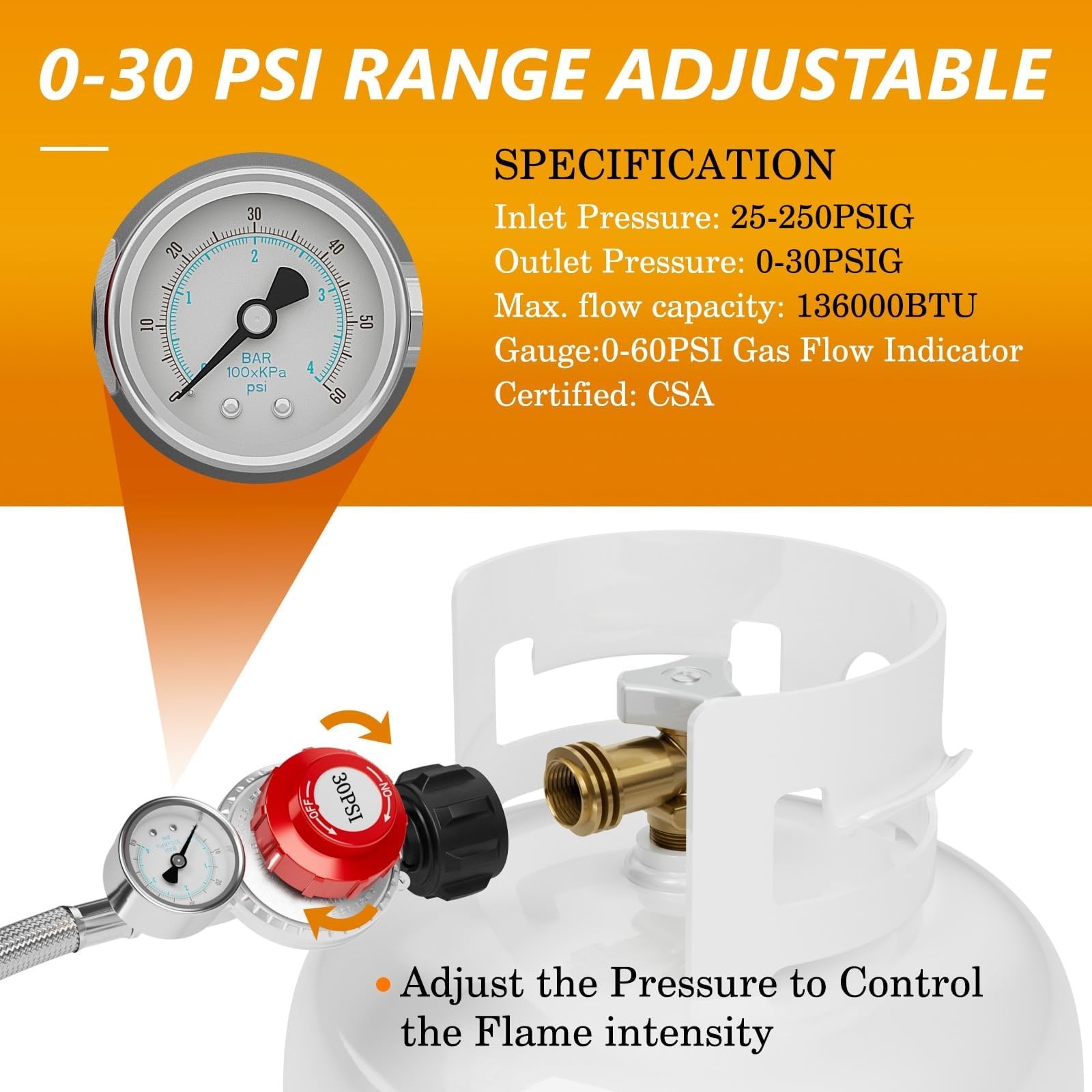 NUPICK 6FT 0-30 PSI Adjustable High Pressure Propane 6ft, Stainless Steel