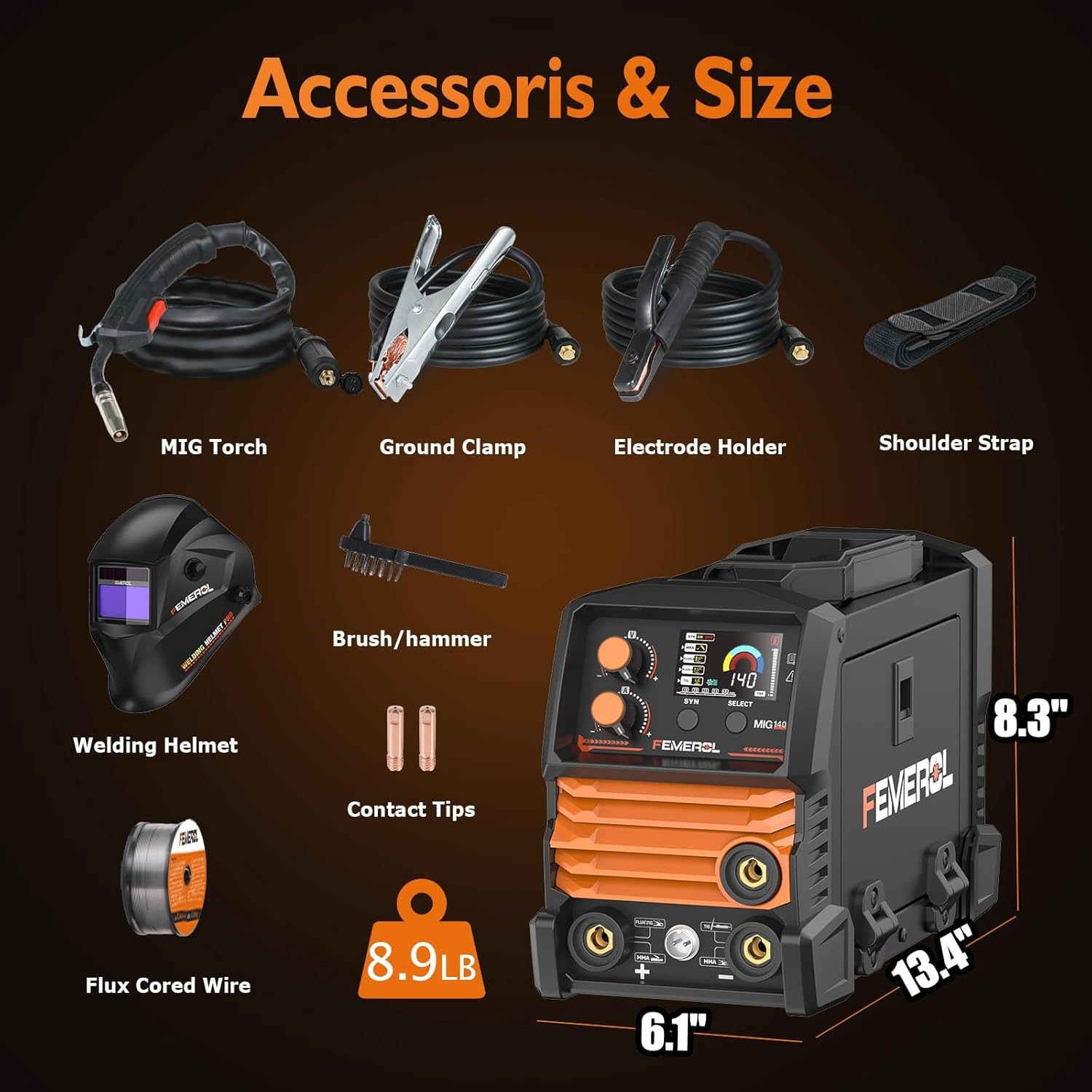110V MIG Welder FEMEROL 140A 3in1 Flux Core TIG Stick