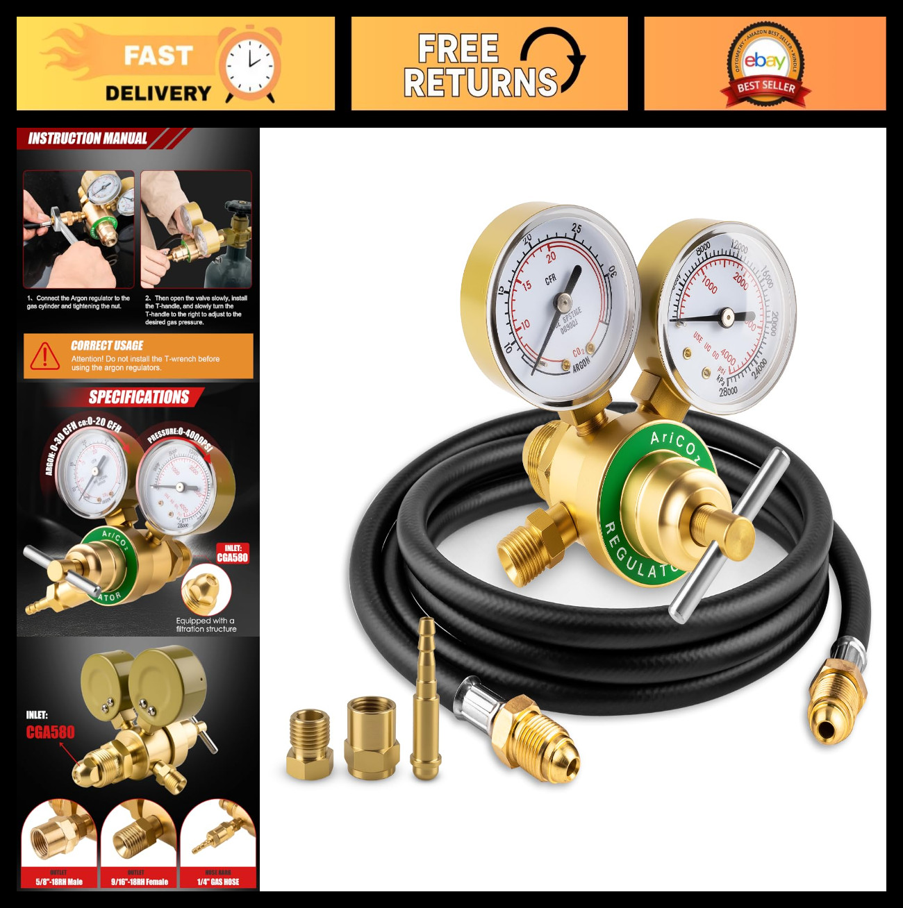 Welding Argon CO2 Regulator Dual Gauge with 6.6FT Hose, 0-4000PSI Input Pressure