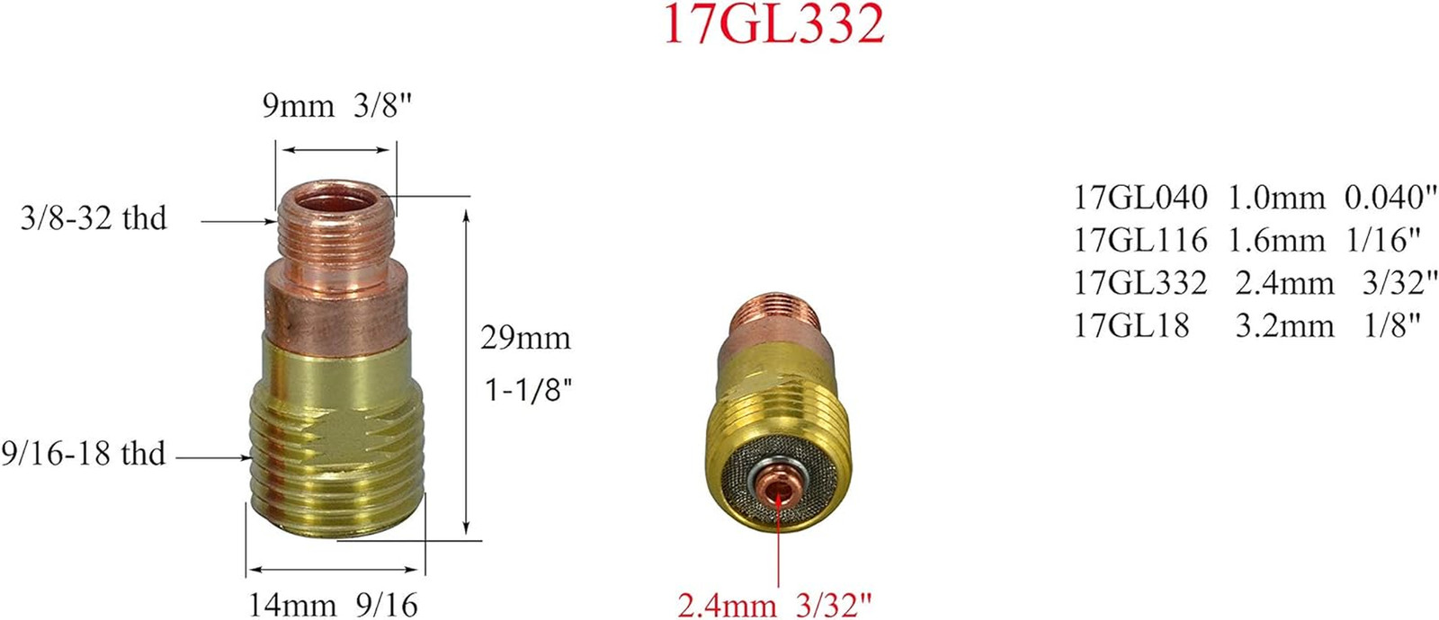 TIG Stubby Gas Lens Collet Bodies 17GL332 10N24S 3/32″ Glass Cup Clear Quartz No