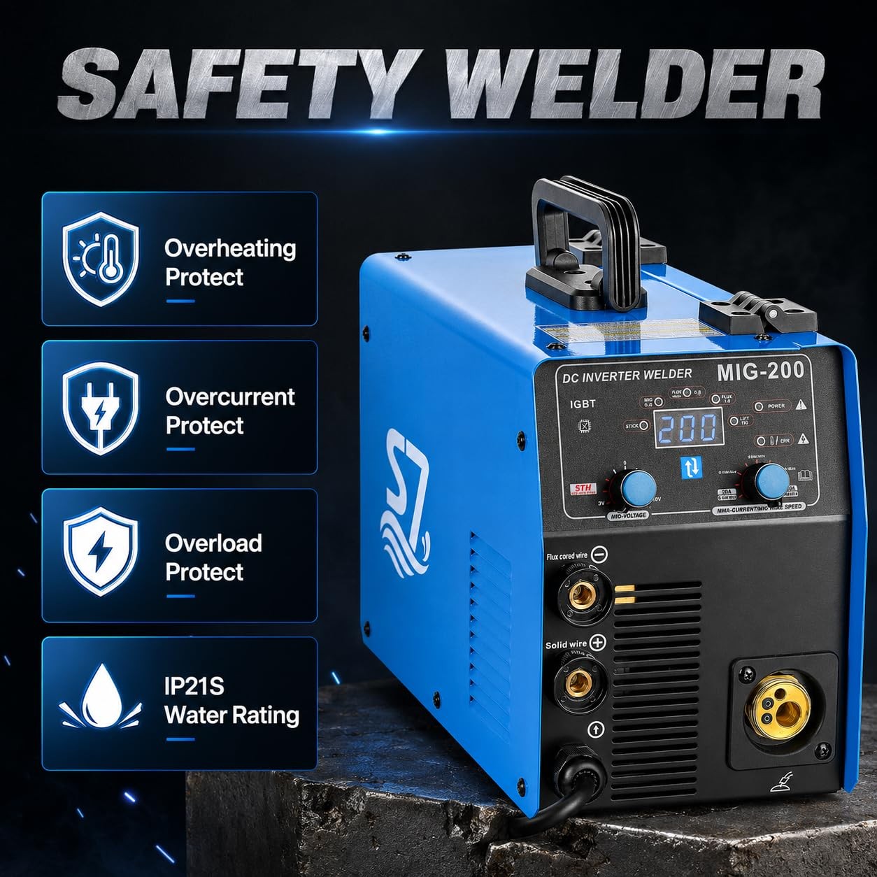 S7 200A 4-in-1 MIG Welder 110V/220V, Gas & Gasless Flux Core Welding Blue