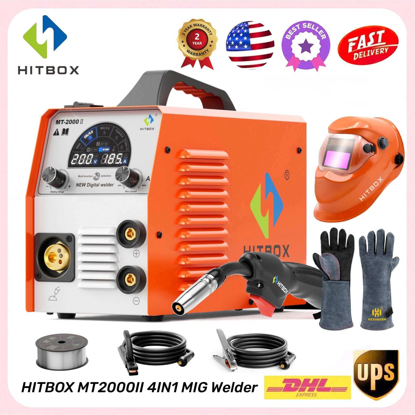 HITBOX 4in1 Gas/Flux Cored MIG Welder 200A Inverter LED TIG MMA Welding Set DIY