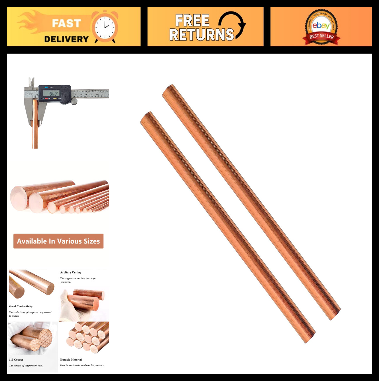 Solid Copper Rod 3/8″ x 8.031″ (2PCS) – Pure Copper Round Bar for Metalworking,