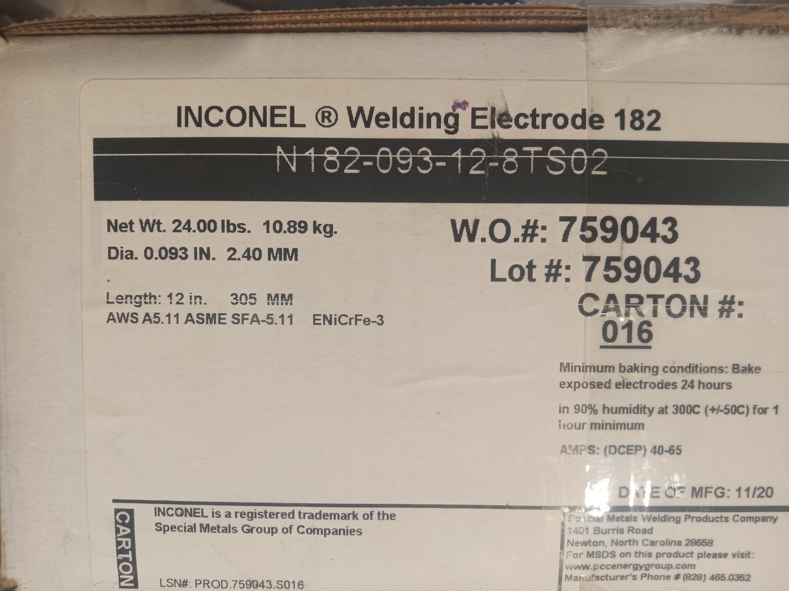 Inconel Welding Rod 182 In A Sealed 24lb Box .o93 Dia 12″ Length 8TS02