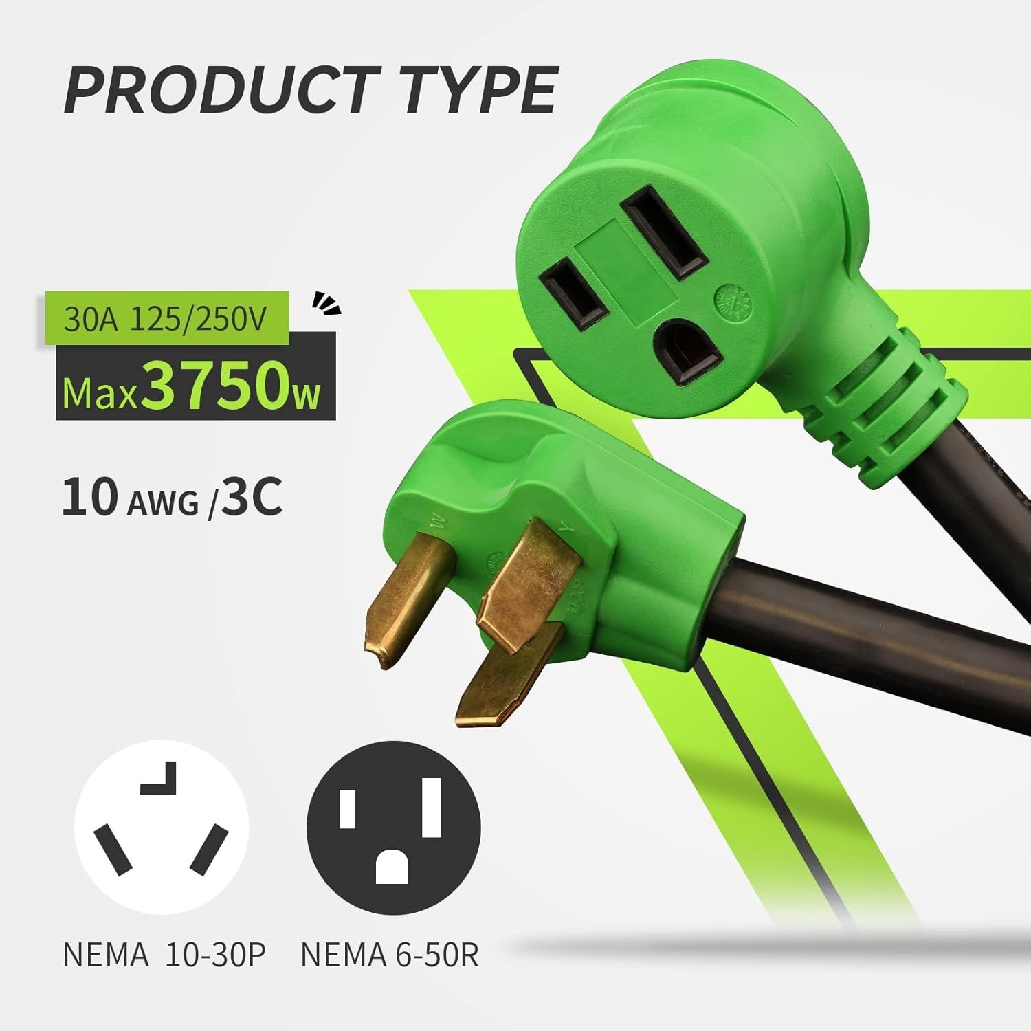 30 Amp Dryer to 50 Amp Welder Adapter Cord NEMA 10-30P 12 Inch Green
