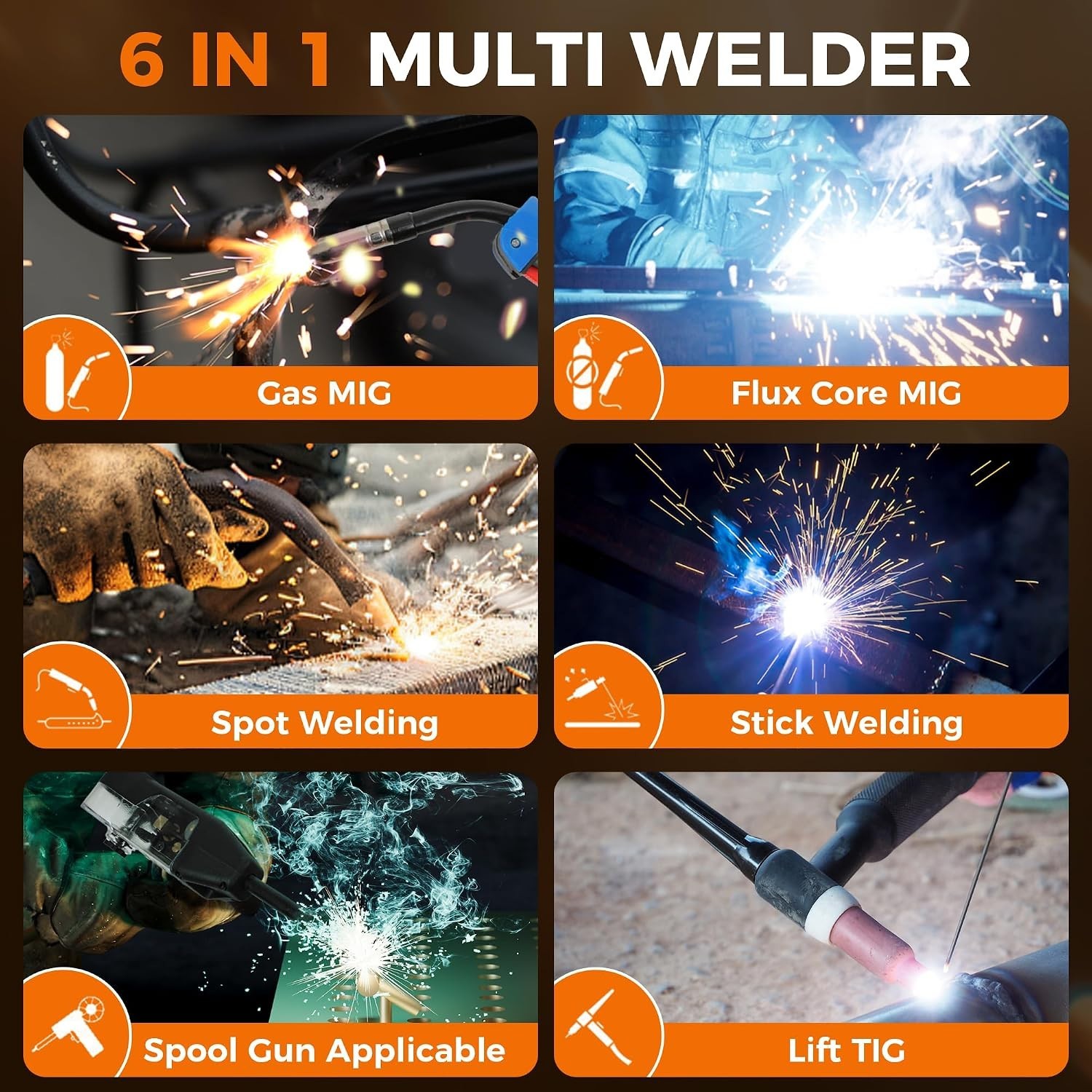 250A MIG Welder,6 in 1 Gas MIG/Gasless Flux Core/Stick/Lift TIG/Spot Welding/Spo