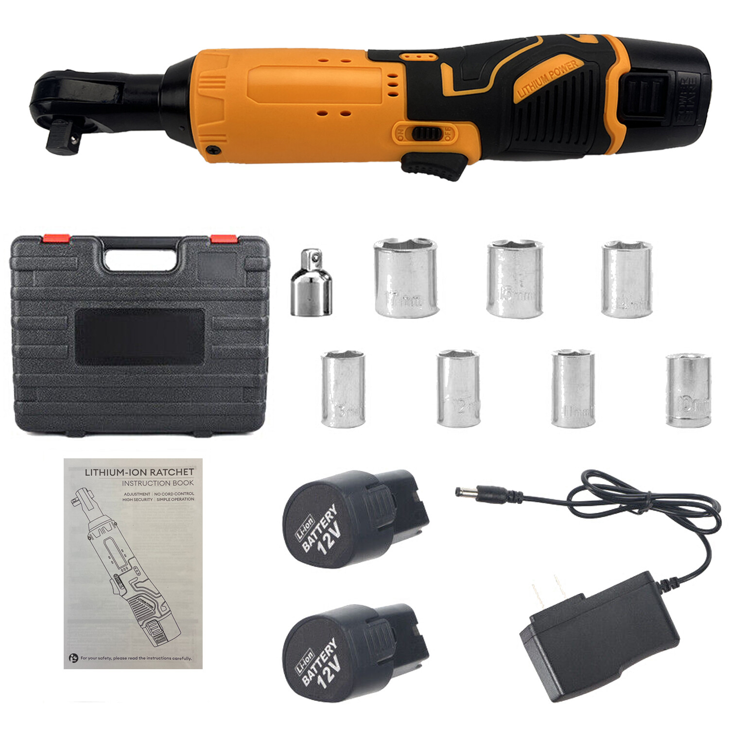 12V 3/8” Cordless Ratchet Right Angle Wrench Impact Power Tool w/2 Battery 60NM