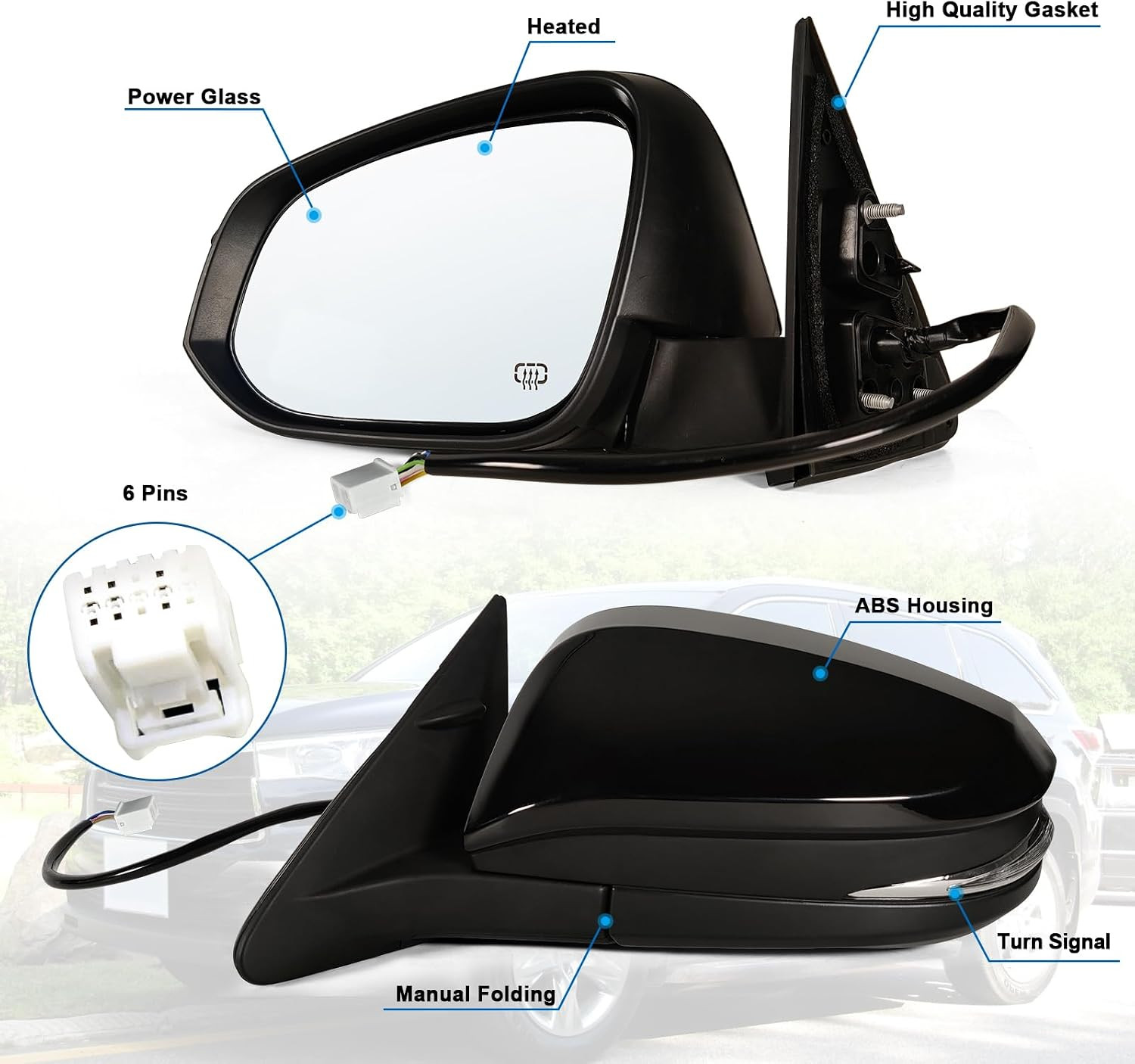 Left Driver Side Mirror Fits 2014-2019 Toyota Highlander with Power Glass, Heate