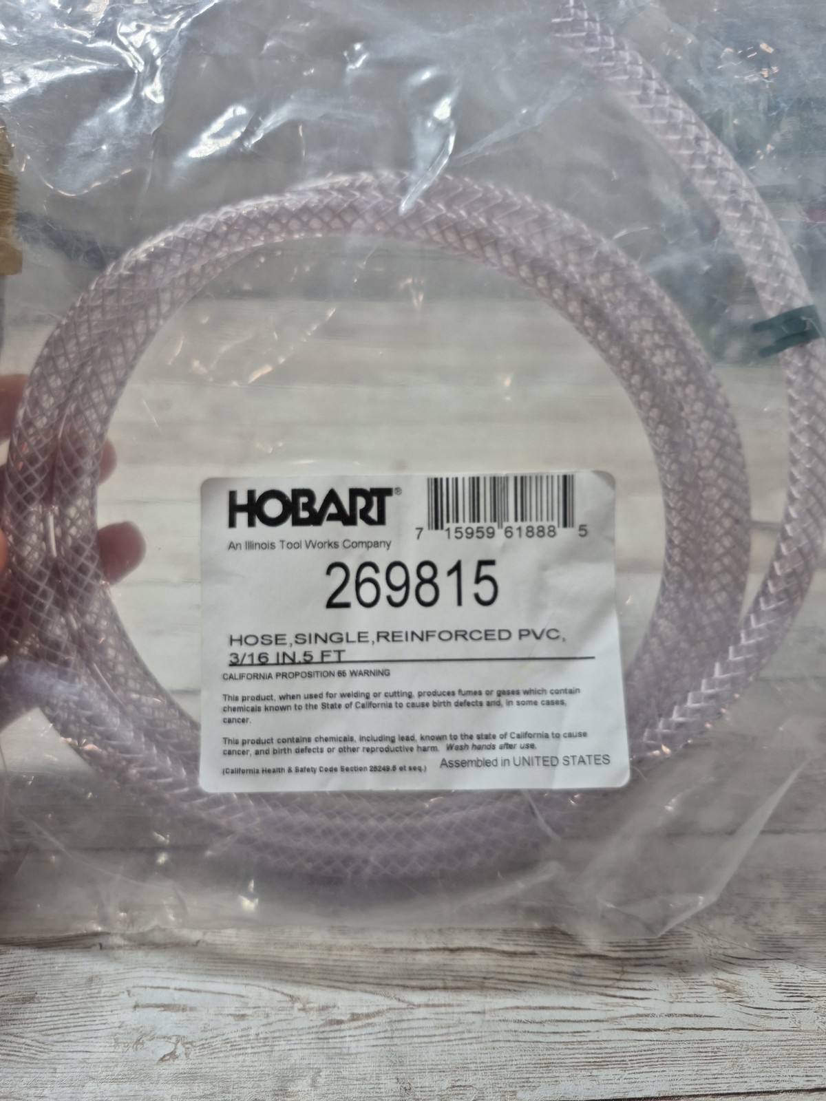 Hobart 269815 Hose Gas Reinforced PVC 3/16 In 5 FT