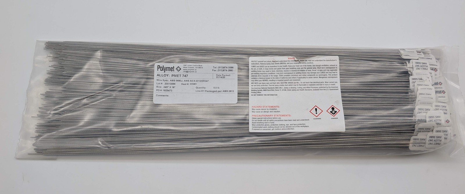 PolyMet AMS5680J 347 Stainless Steel Welding Wire 0.045″ x 18″ Pack of 5lbs