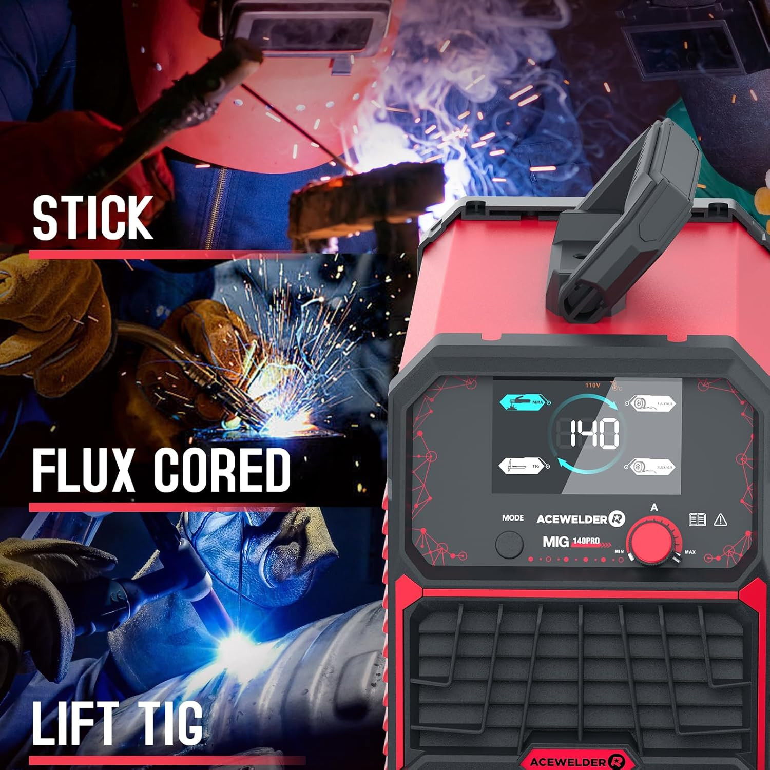 3 IN 1 Welder 140A Gasless Flux MIG/Lift Tig/Stick Welding Machine 110V Inverter