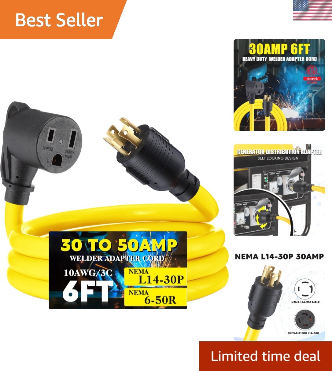30A to 50A Welder Adapter 6ft NEMA L14-30P Male to 6-50R Female Power Cord