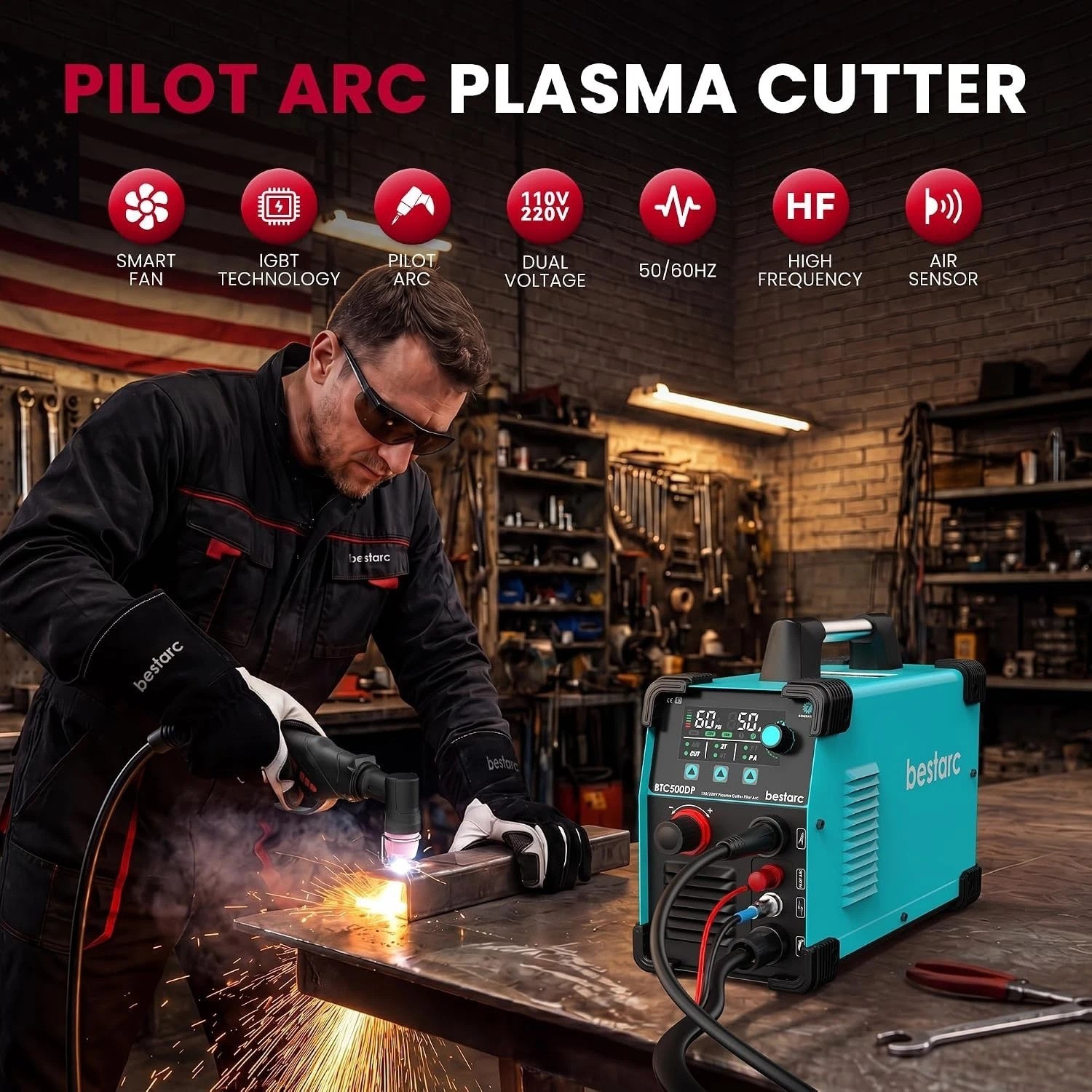 Versatile 50A Plasma Cutter with LED Display & Built-In Air Sensor for Easy Cuts