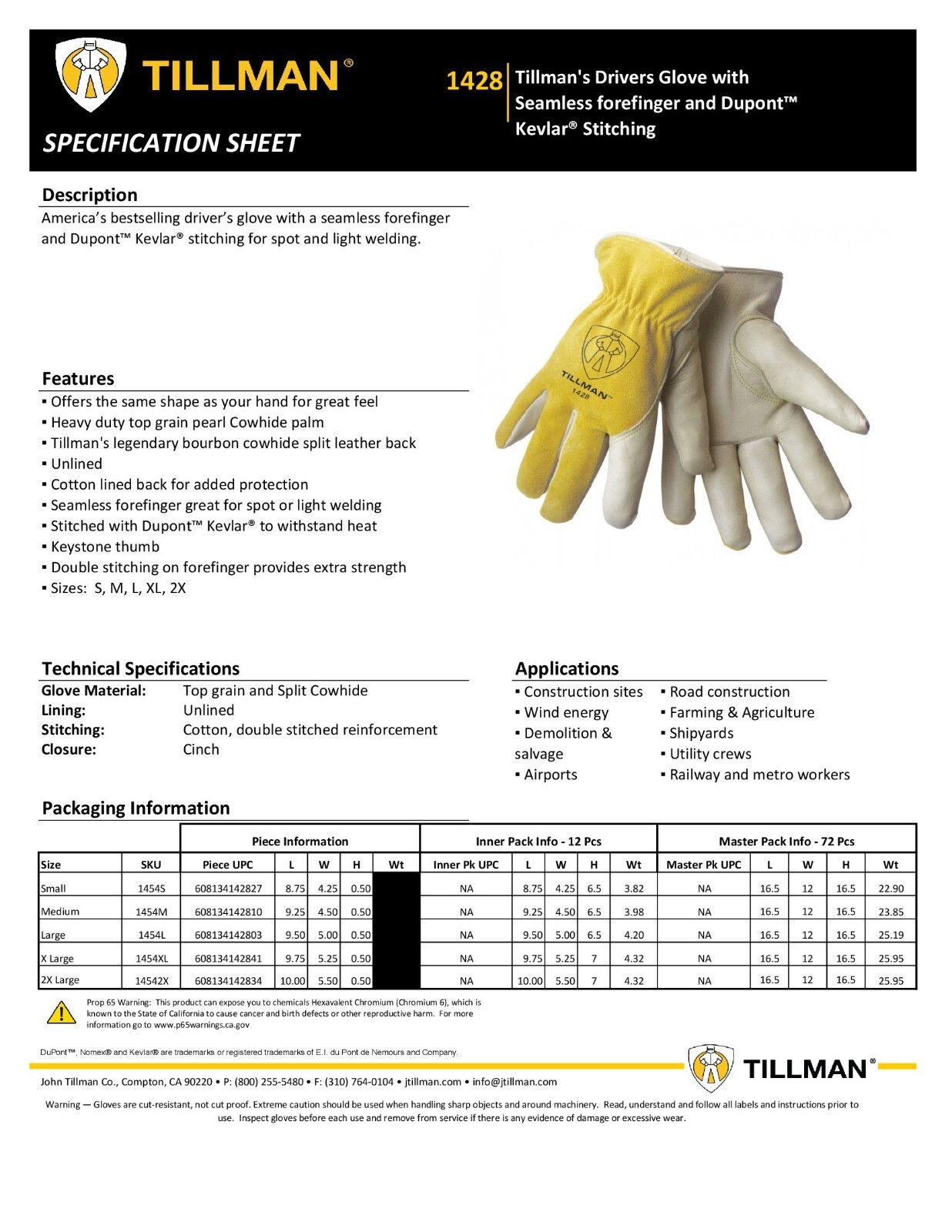 Tillman 1428 Top Grain Cowhide Leather Welding Drivers Protective Work Gloves