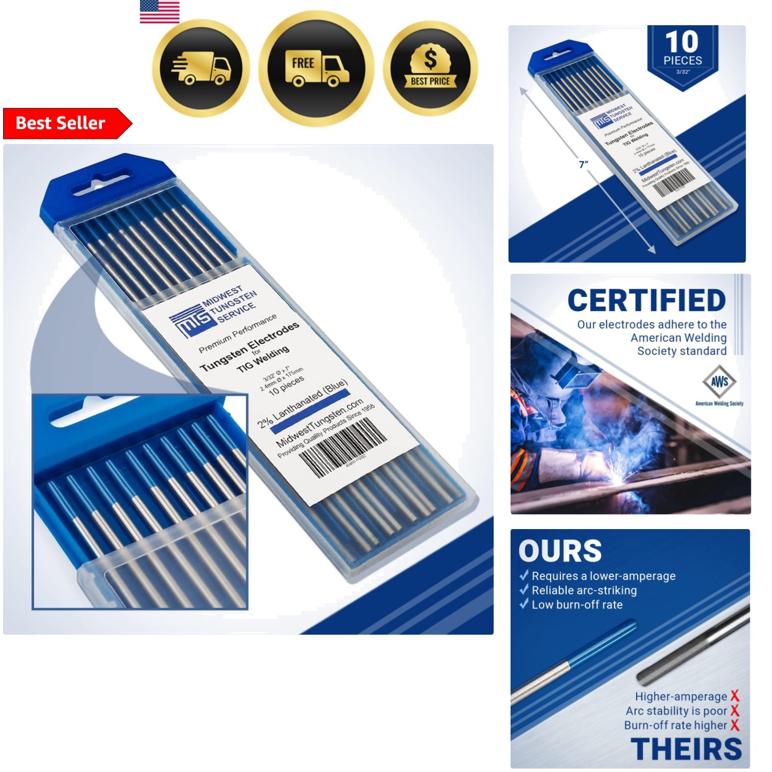 TIG Welding Tungsten Electrodes 10 Pack | Blue 3/32 Tungsten for Aluminum Steel